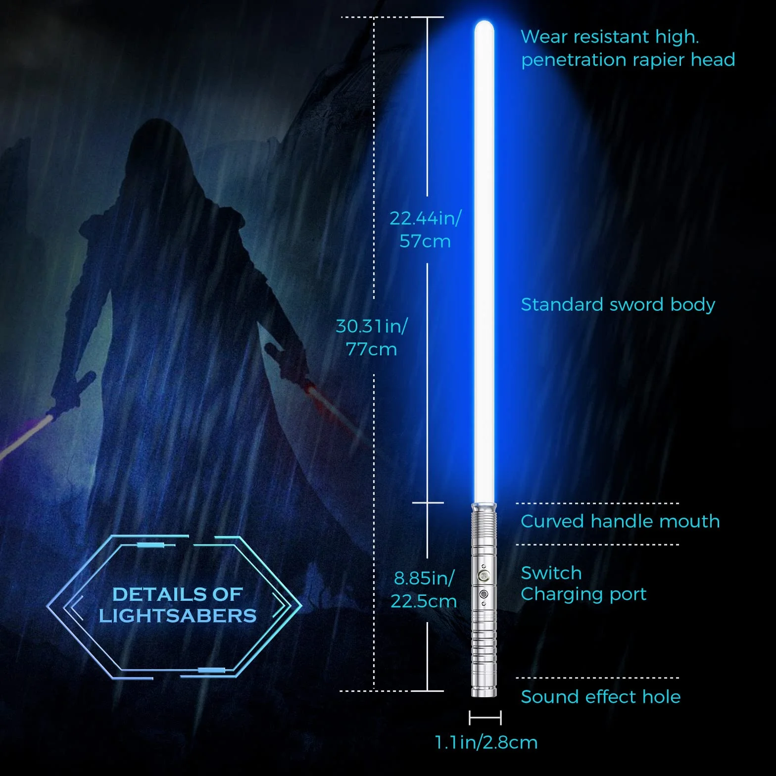 Sabre Laser RGB 7 Couleurs FX Sound Duel USB Rechargeable Métal Aluminium Argent Grip Cosplay