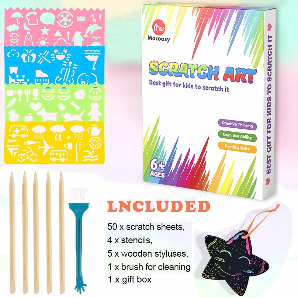 Mocoosy Papier Gratter pour Enfants 60pcs Feuilles Arc-en-Ciel avec Pochoirs et Stylets