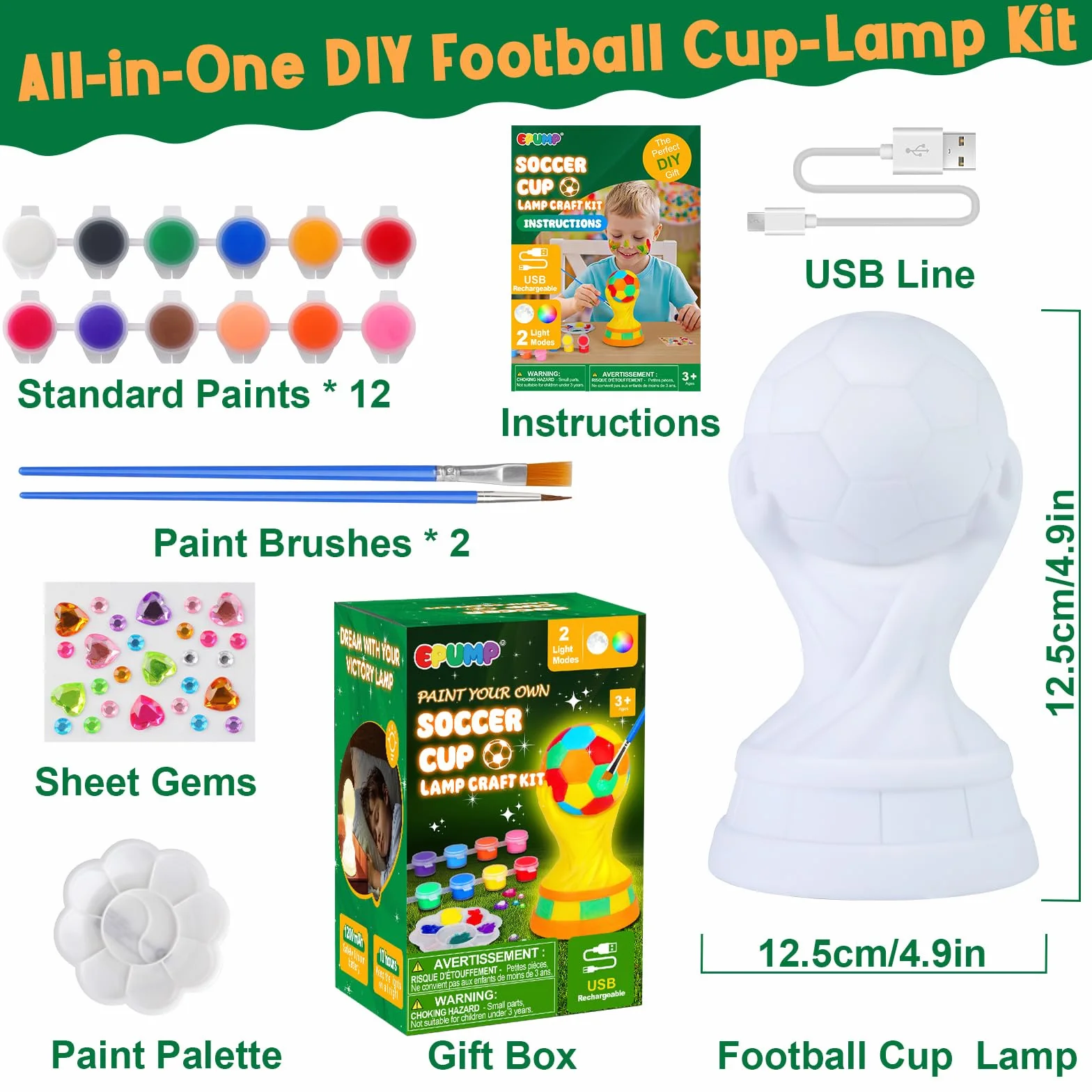 EPUMP Lampe Champion Football DIY Peinture Rechargeable 1200mAh 2 Modes Éclairage Enfants