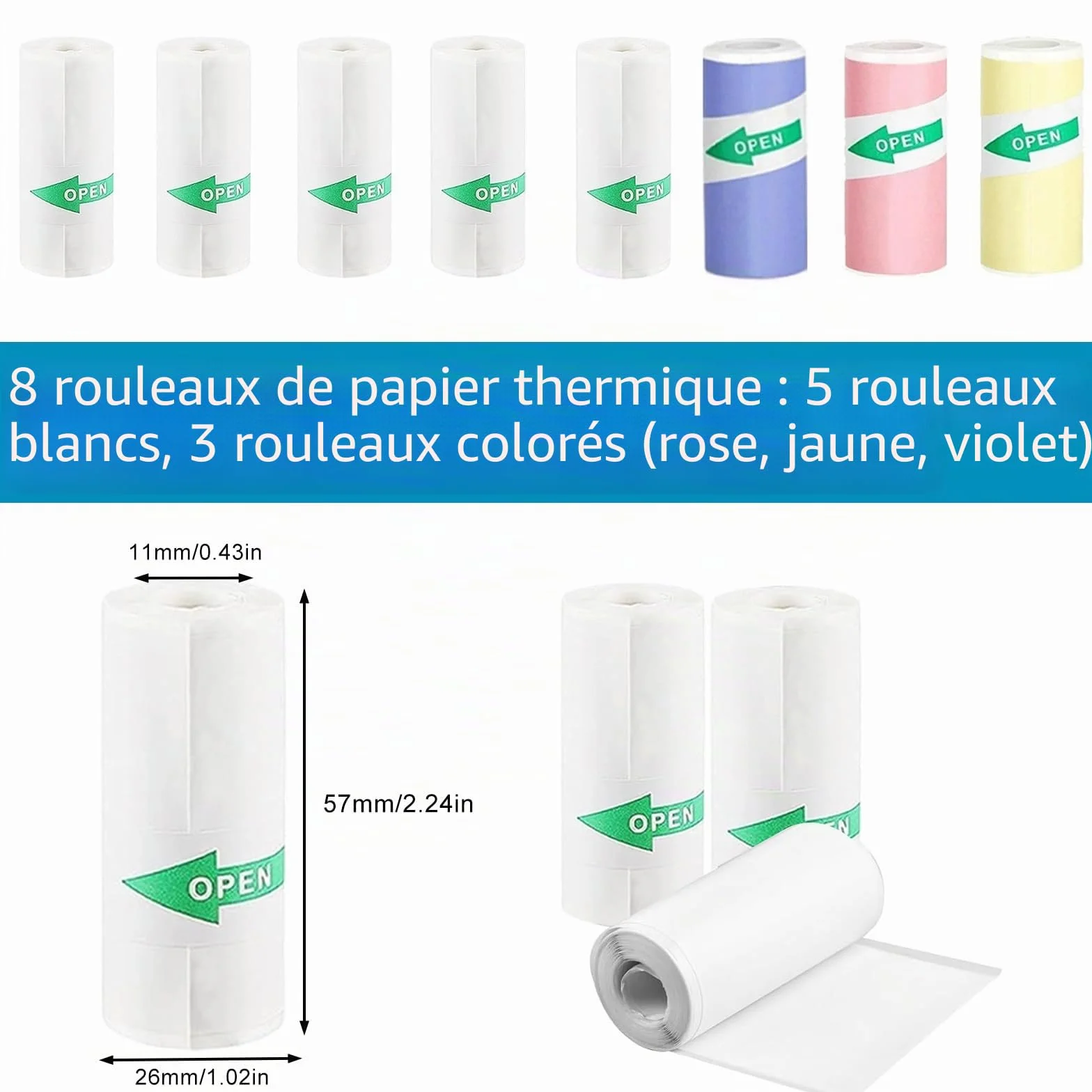 Mini Rouleaux Papier Autocollant Thermique 57x25mm pour Imprimante Phomemo Memoking - Lot de 8