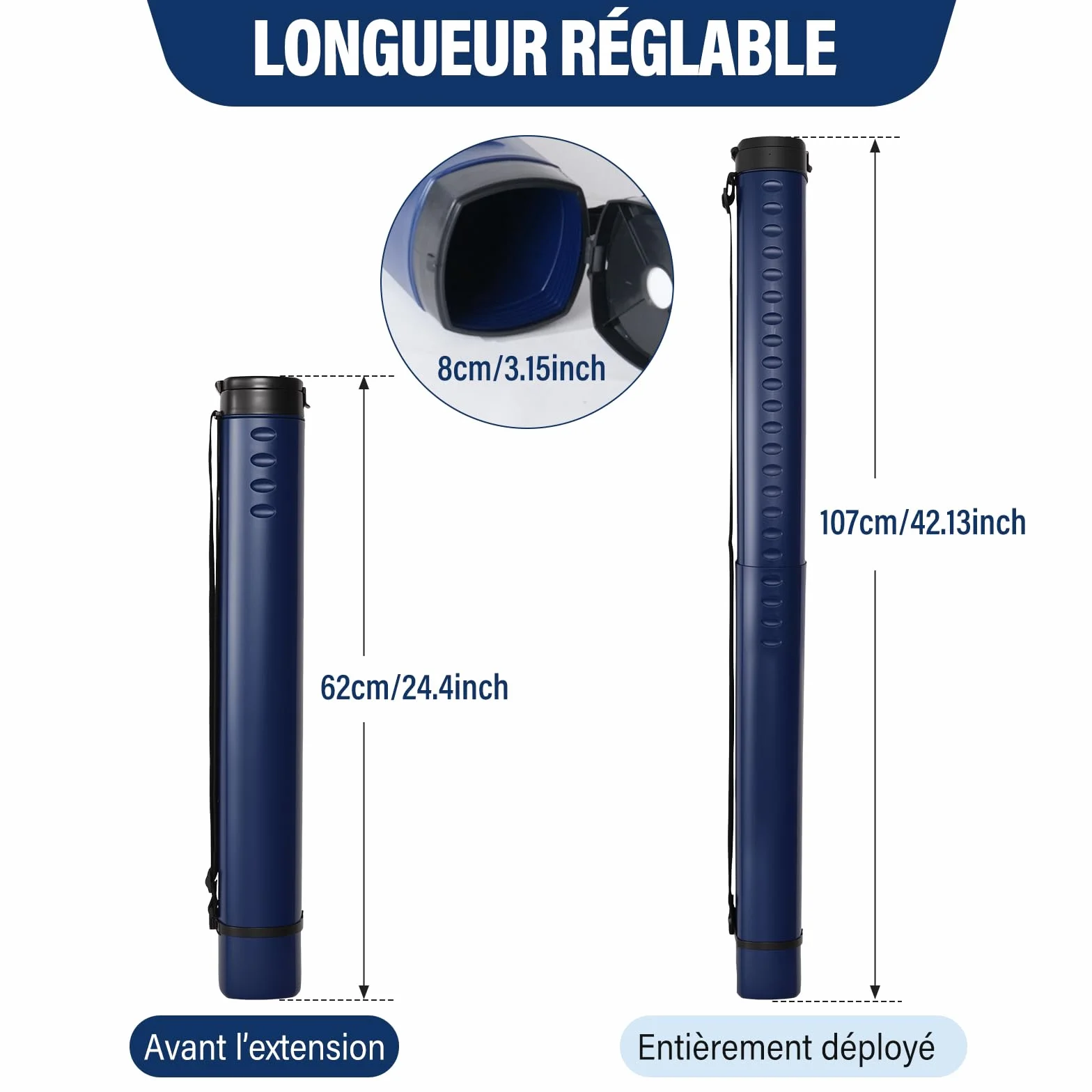 DEWEL Rouleau de Transport télescopique A0, 62-107 cm, pour Posters et Tableaux, Bleu foncé