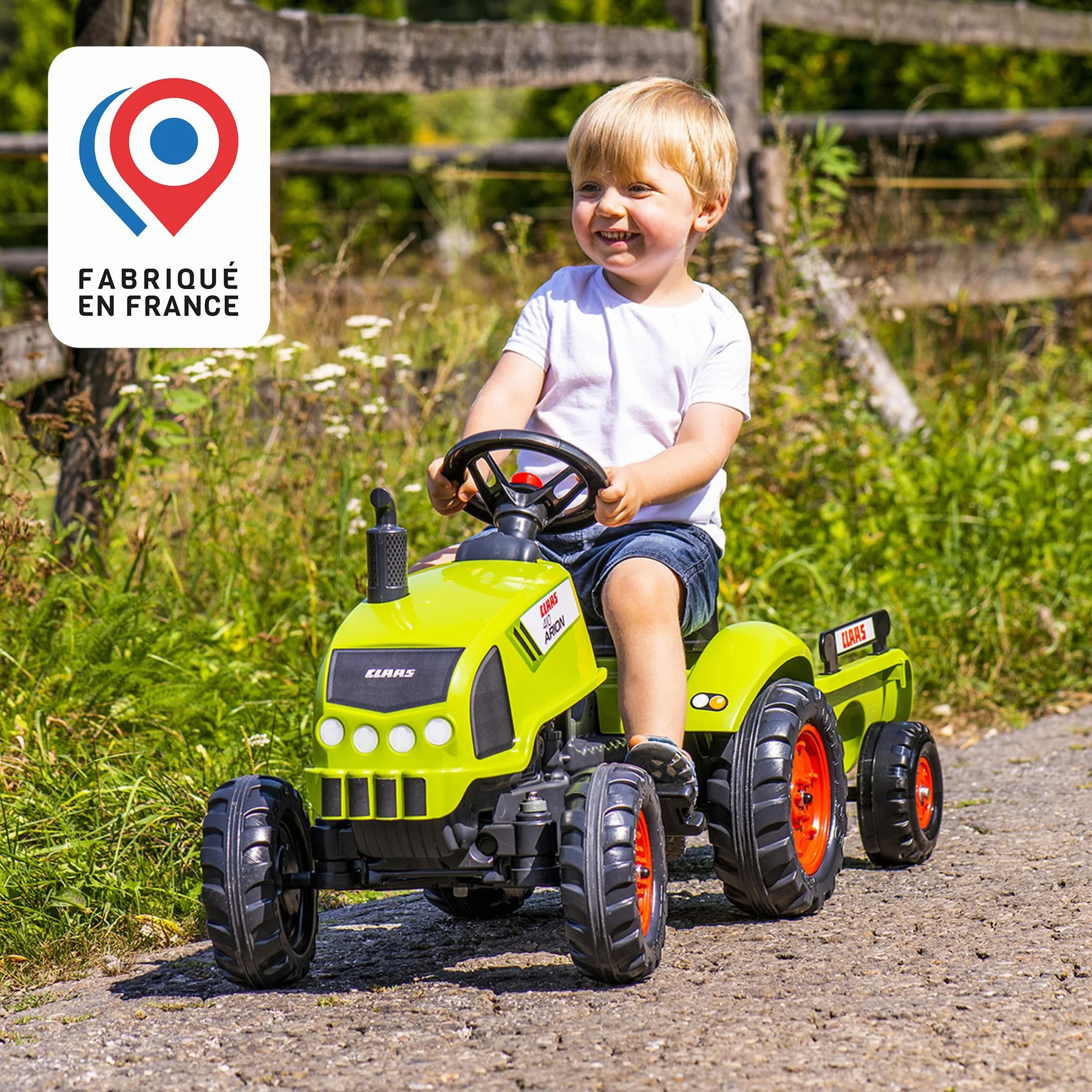 FALK Tracteur à pédales Claas avec remorque enfant 75% plastique recyclé 2041C