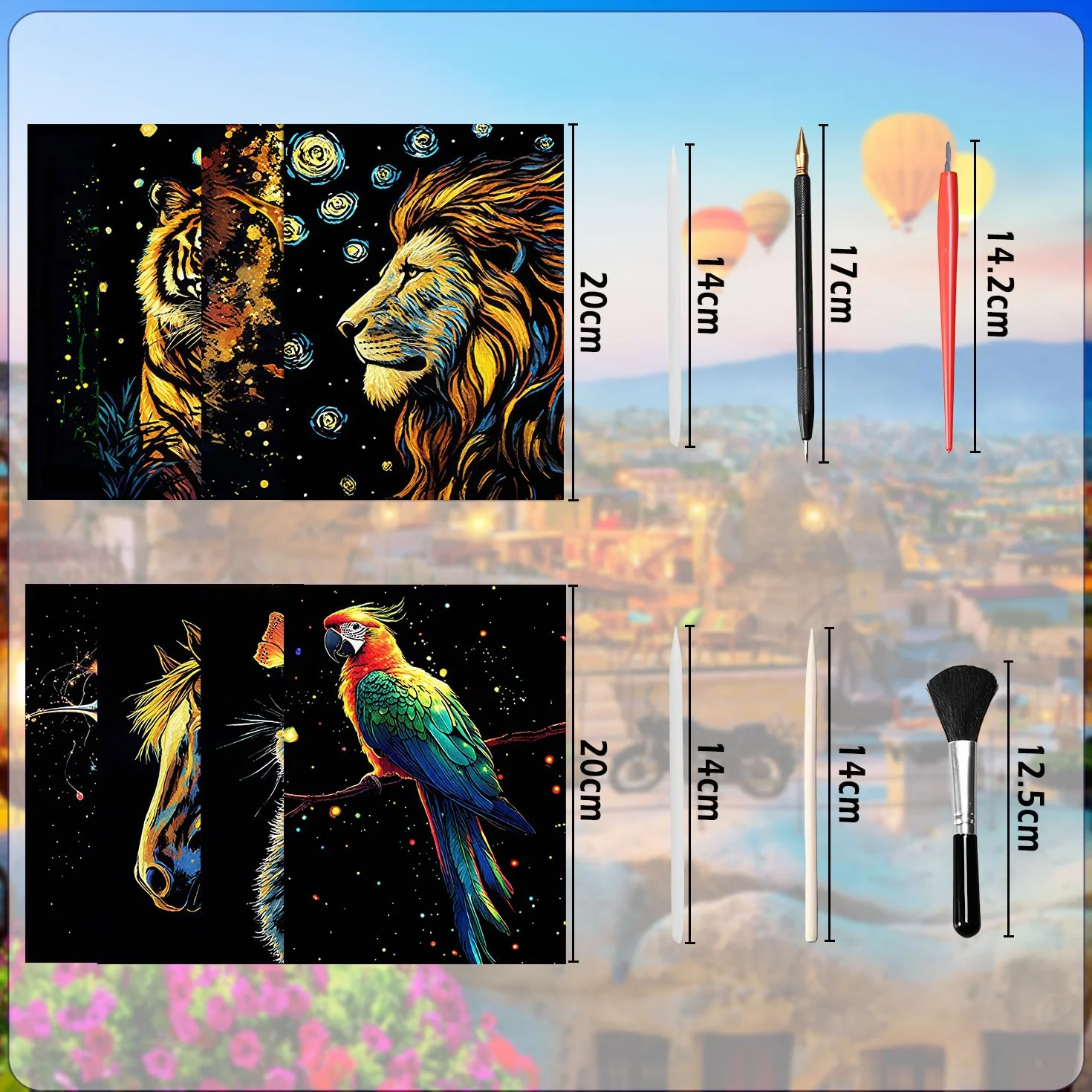 Kit Art à Gratter Arc-en-Ciel Lumineux 8 Pièces avec Outils de Grattage pour Adultes et Enfants (Animaux)