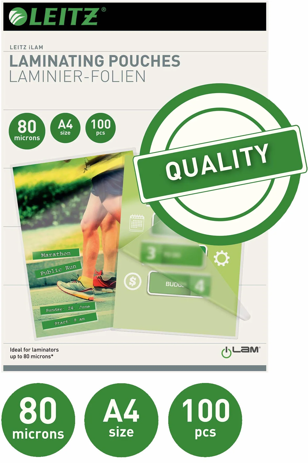 Leitz Pochettes de plastification 80 microns A4 Pack de 100 Brillante