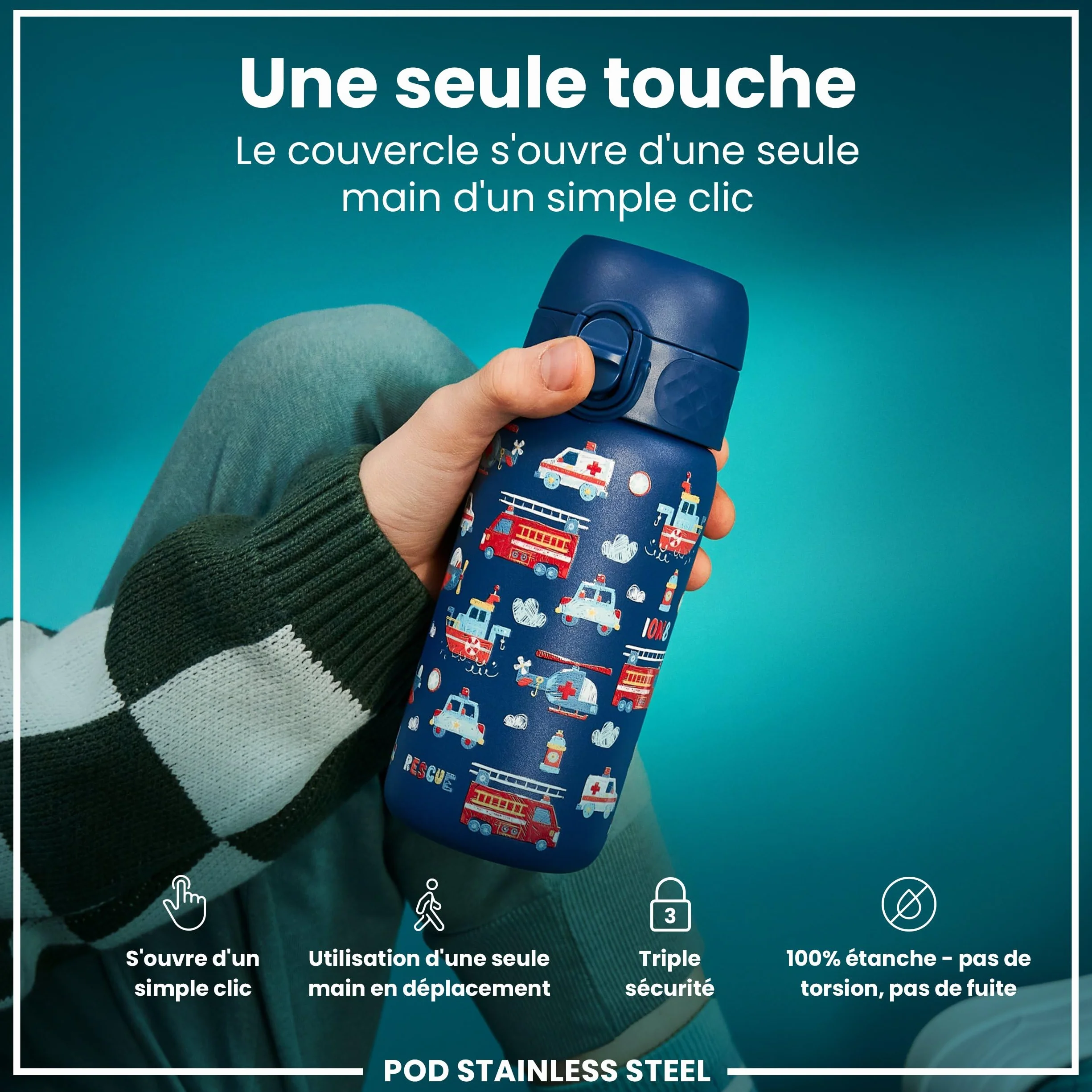 Ion8 Gourde Enfant Inox 400ml Anti-Fuite Acier Inoxydable Véhicules De Secours