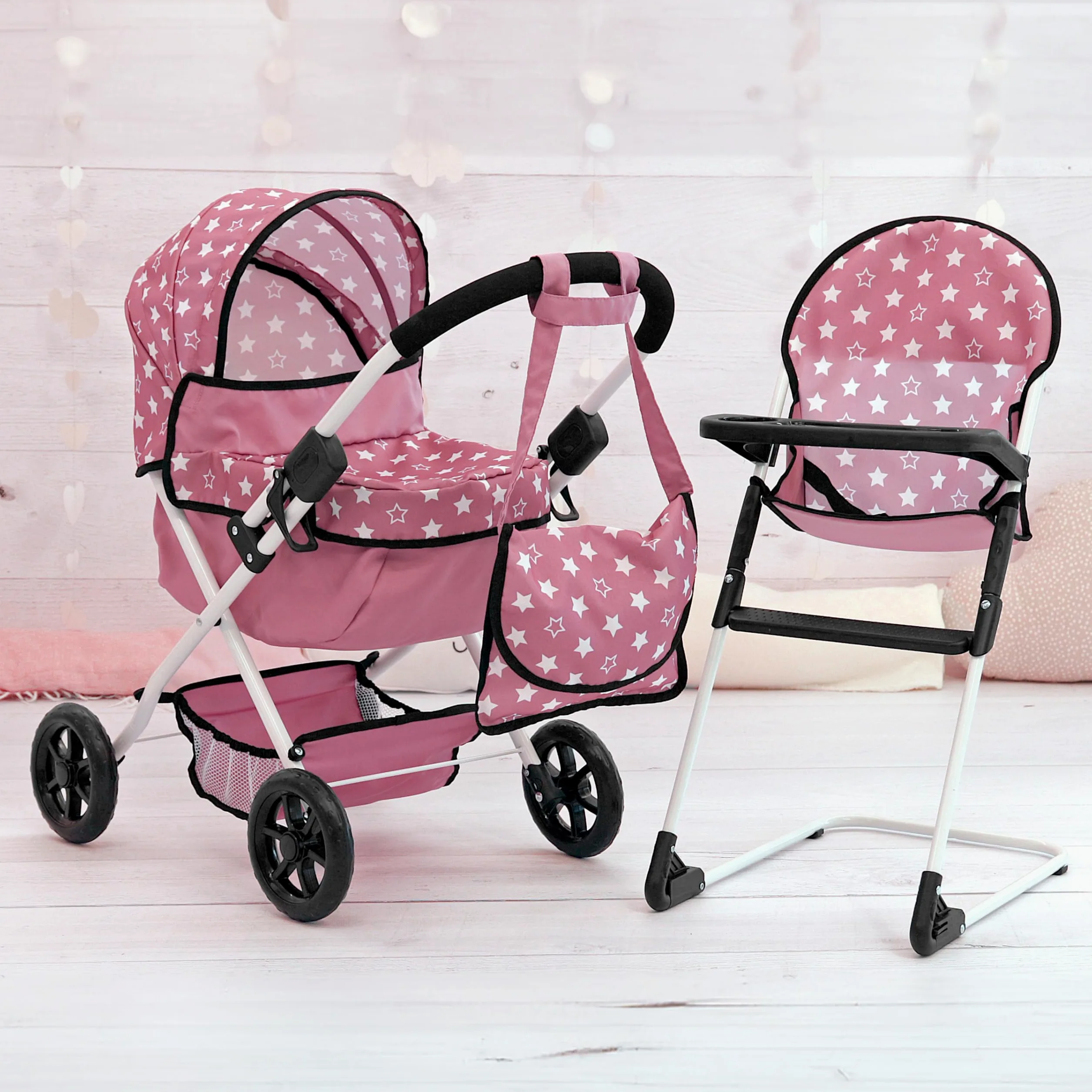 Bayer Design 13776AB Ensemble Poussette pour poupée, Pliable, poignée Douce, Chaise Haute, Sac, Nordique Rose | Landau pour poupées avec poignée souple, grandes roues, sac, panier intégré et chaise haute pour les jeux de rôle