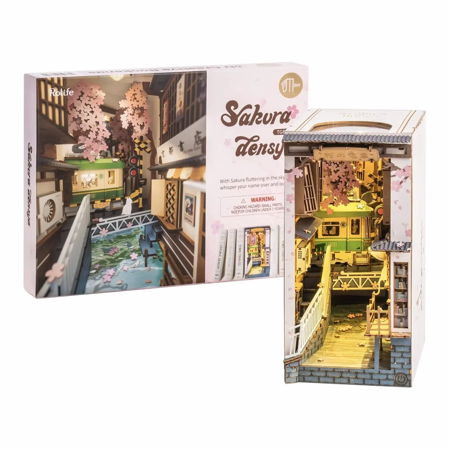 Rolife Sakura Densya DIY Book Nook Kit Maison Miniature à Construire 3D Bois Décoration Bibliothèque