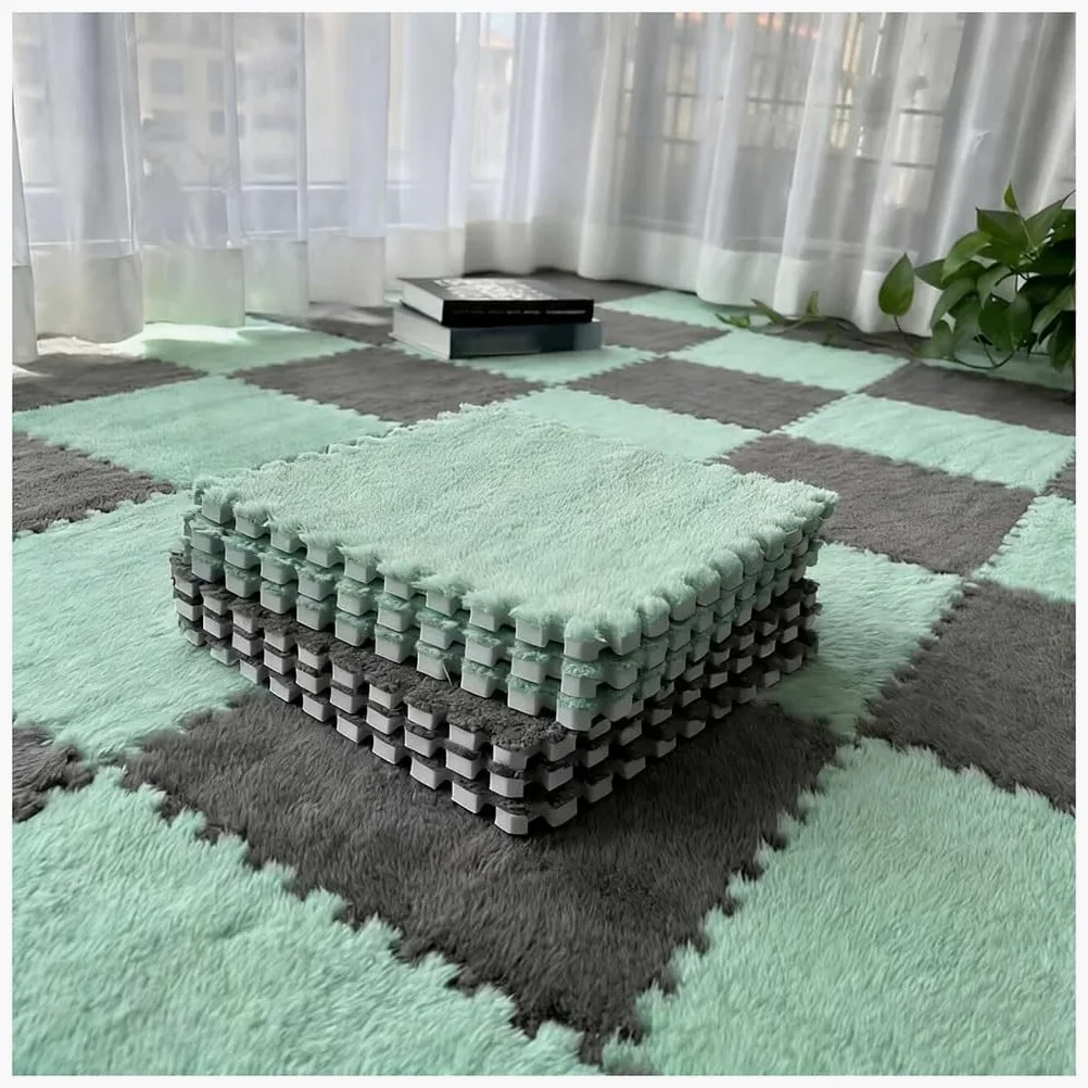 Lot de 12 tapis de sol en mousse emboîtables – Carreaux de moquette puzzle avec bordure pour salon et chambre à coucher (vert et gris, 20 pièces) – Doux et facile à nettoyer