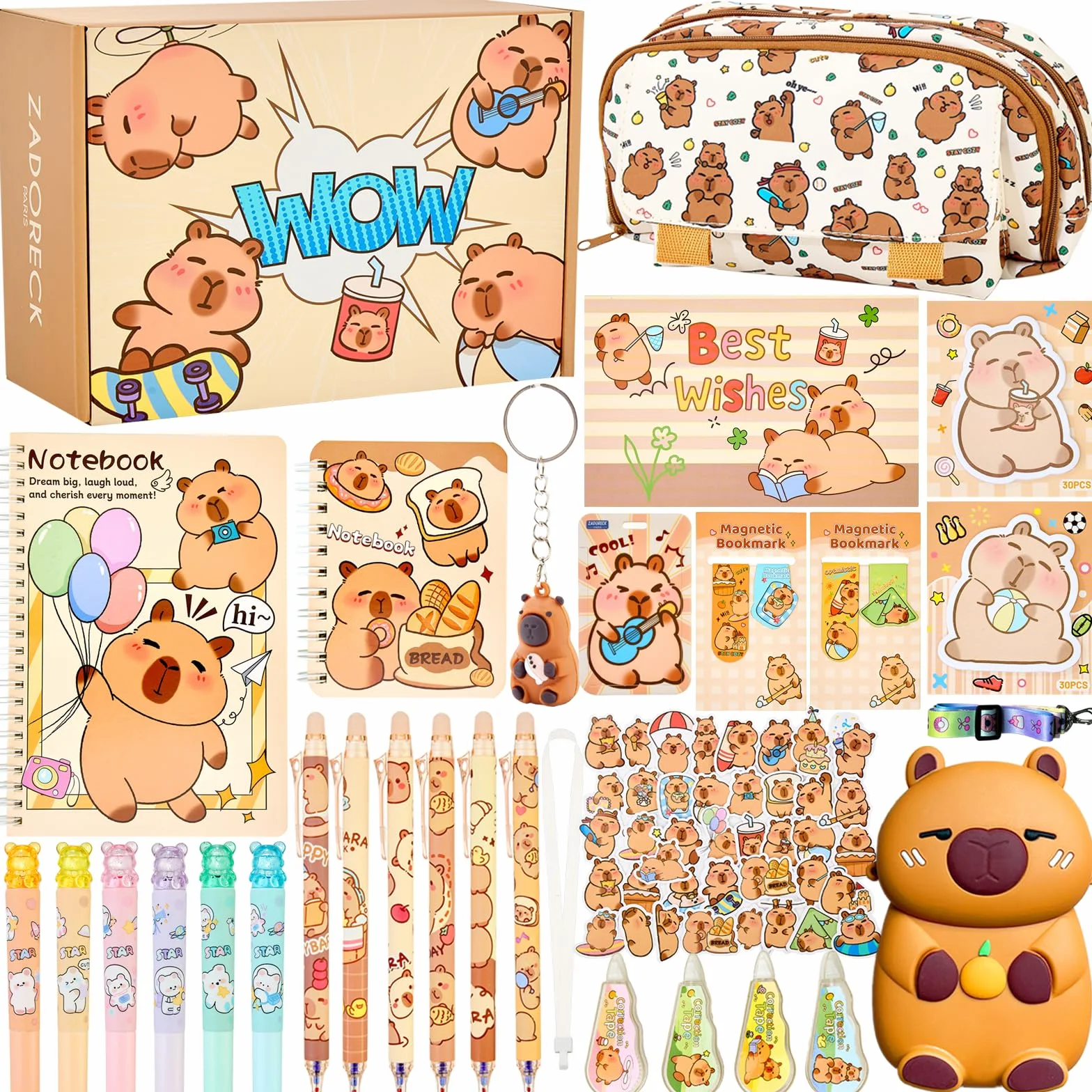 Capybara Ensemble Complet Fournitures Scolaires 30 Pièces Trousse Cadeau Fille Garçon 4-15 Ans