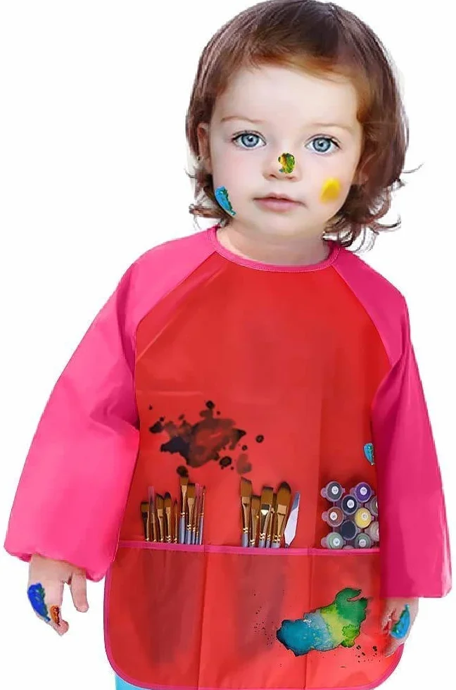 Amaza Tablier Peinture Enfant Imperméable 3-8 ans Manches Longues 3 Poches Fermeture Scratch