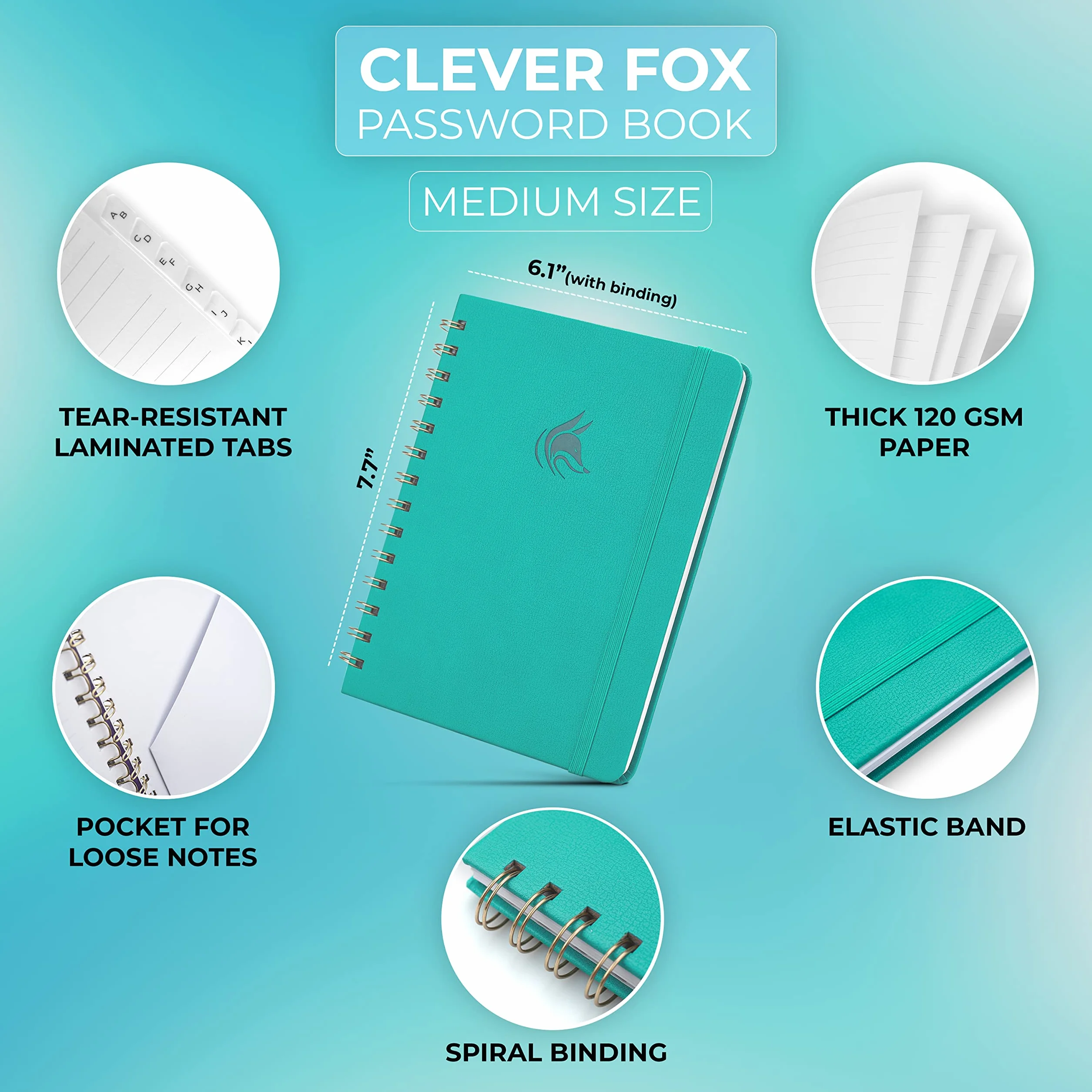 Clever Fox Carnet de mots de passe à spirale 15,5 x 19,6 cm turquoise