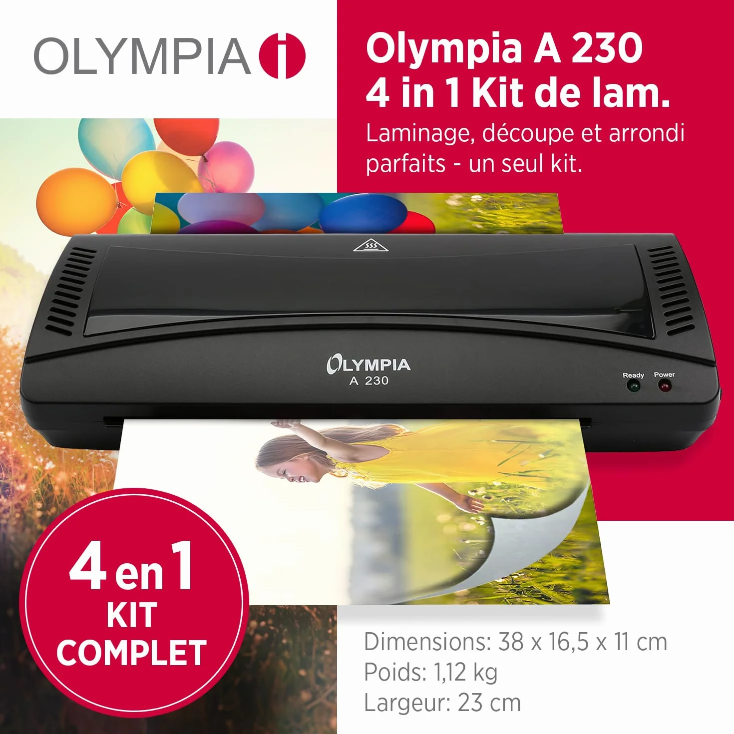 Olympia Plastifieuse A4 4 en 1 avec arrondisseur d'angle, coupe-papier et films de plastification
