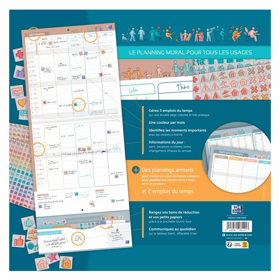 Calendrier Oxford Famille Scolaire 16 Mois 30x30cm 2025-2026 Bleu