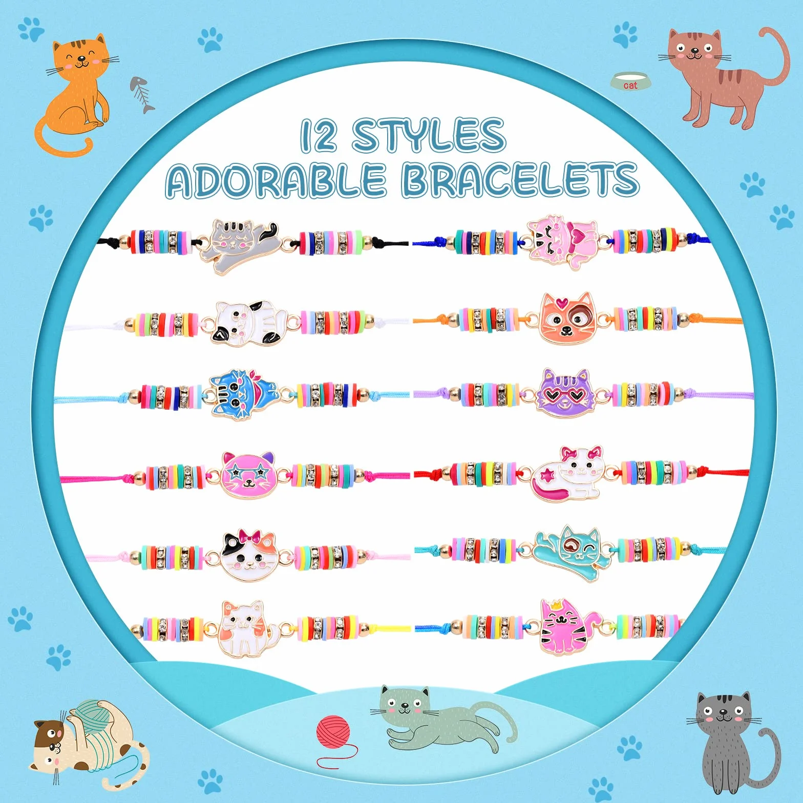 Toyssa 12 Pièces Bracelet Enfant Fille, Bracelet Amitié Tissé Réglable (Chat)