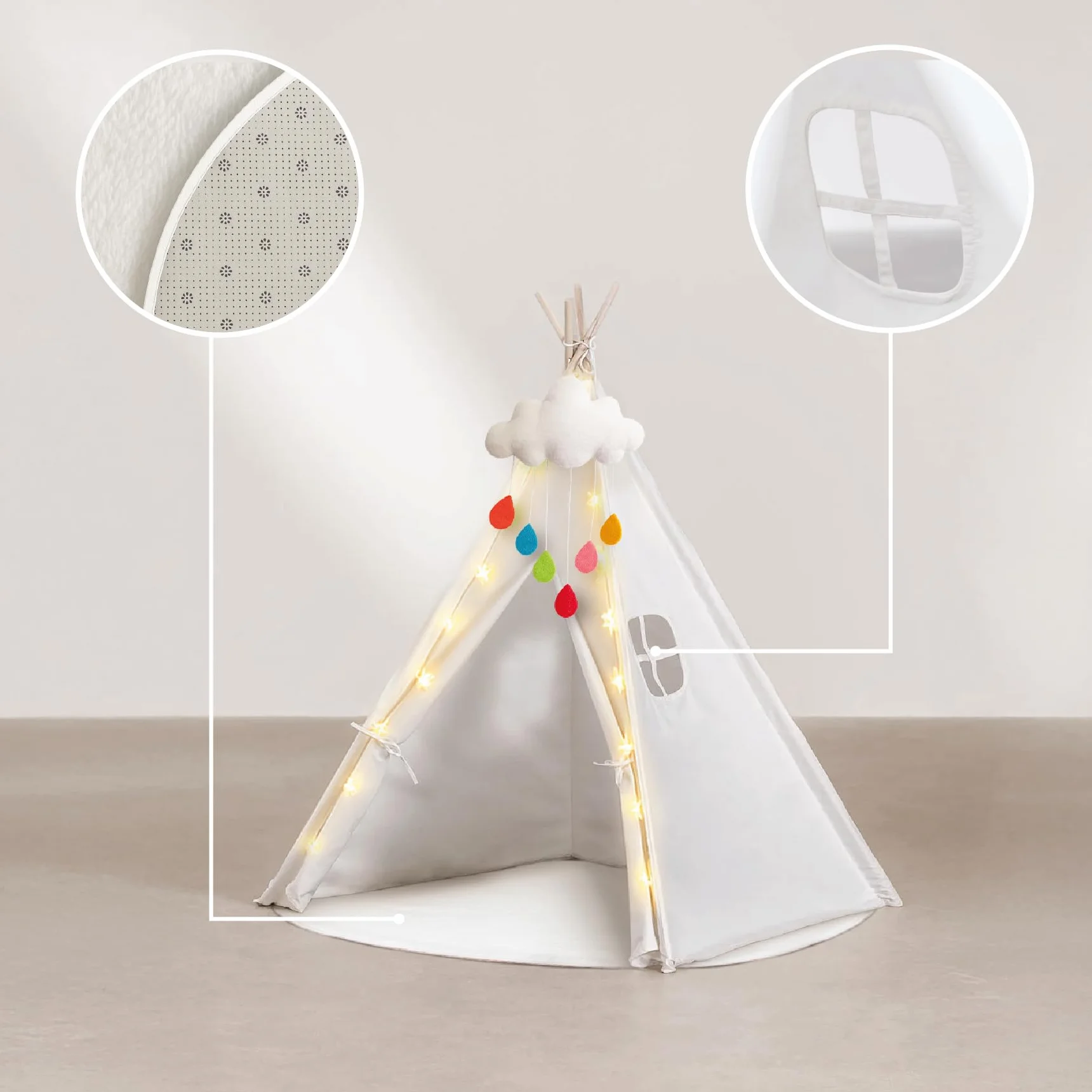Buddy Baby Tipi Tente lit bébé avec lumières étoile et peluche nuage – Tapis sol rembourré jeu intérieur extérieur