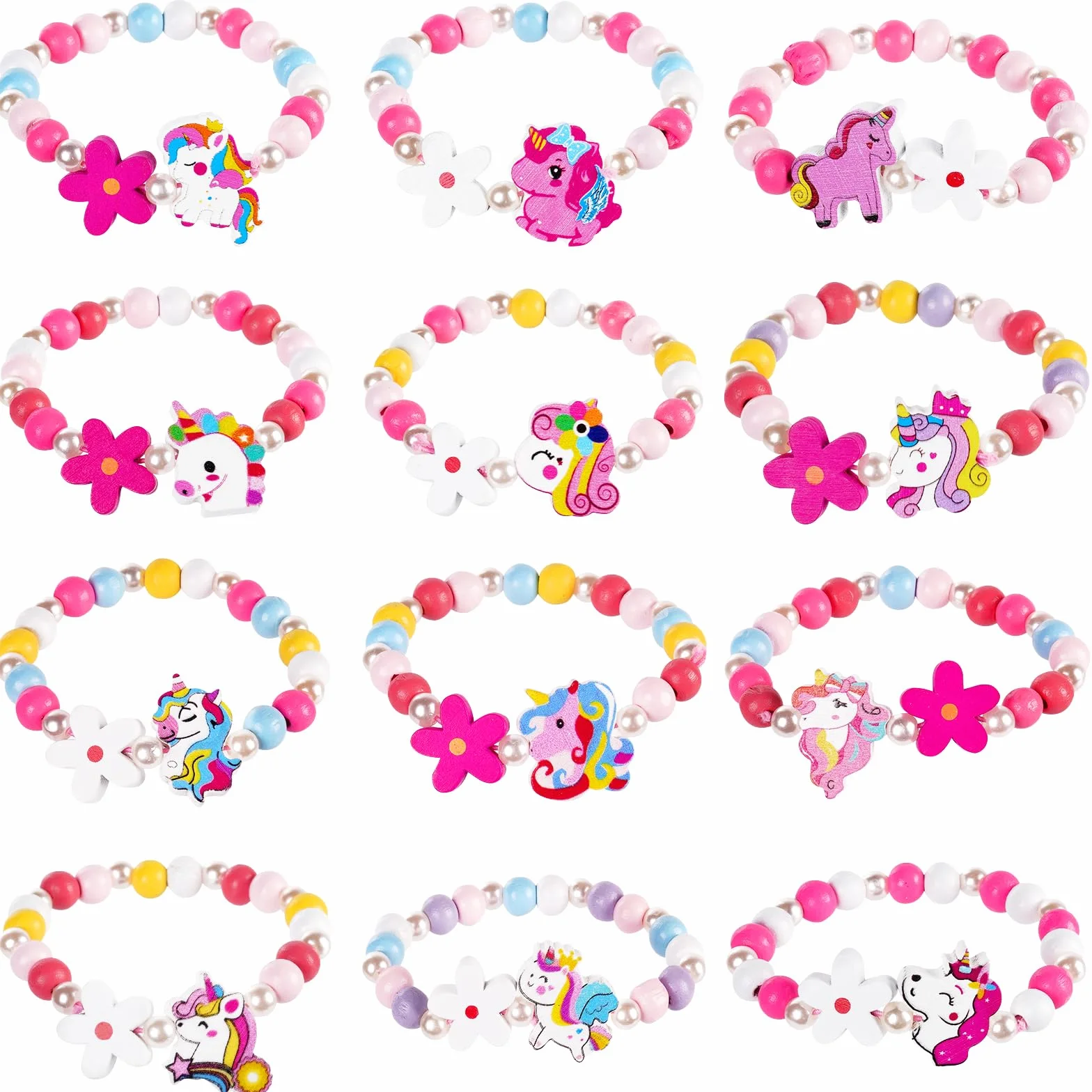 Bracelet Enfant Fille Coloré Bois Fleur Coeur Papillon Bijoux Élastique