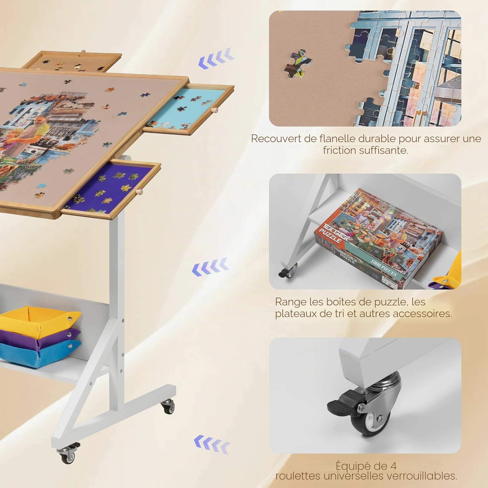 Tektalk Table de Puzzle avec réglage de l'angle et de la Hauteur, Plateau de Puzzle avec Couvercle et 5 tiroirs de tri, Table inclinable avec Pieds, fermée avec 4 roulettes, jusqu'à 1500 pièces