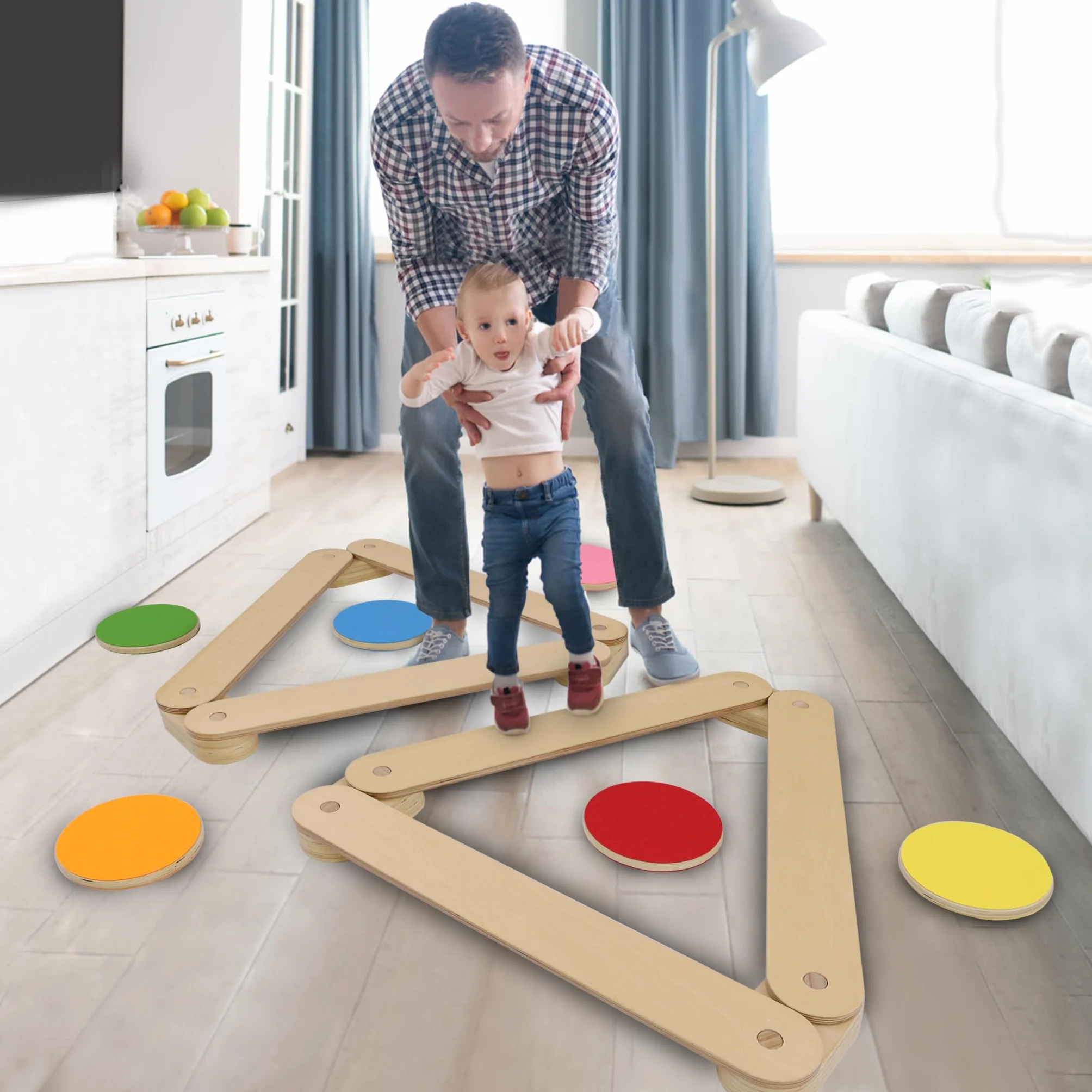 Poutre d'équilibre en bois avec 6 pierres d'équilibre pour enfants, jouet combinable intérieur extérieur à partir de 3 ans
