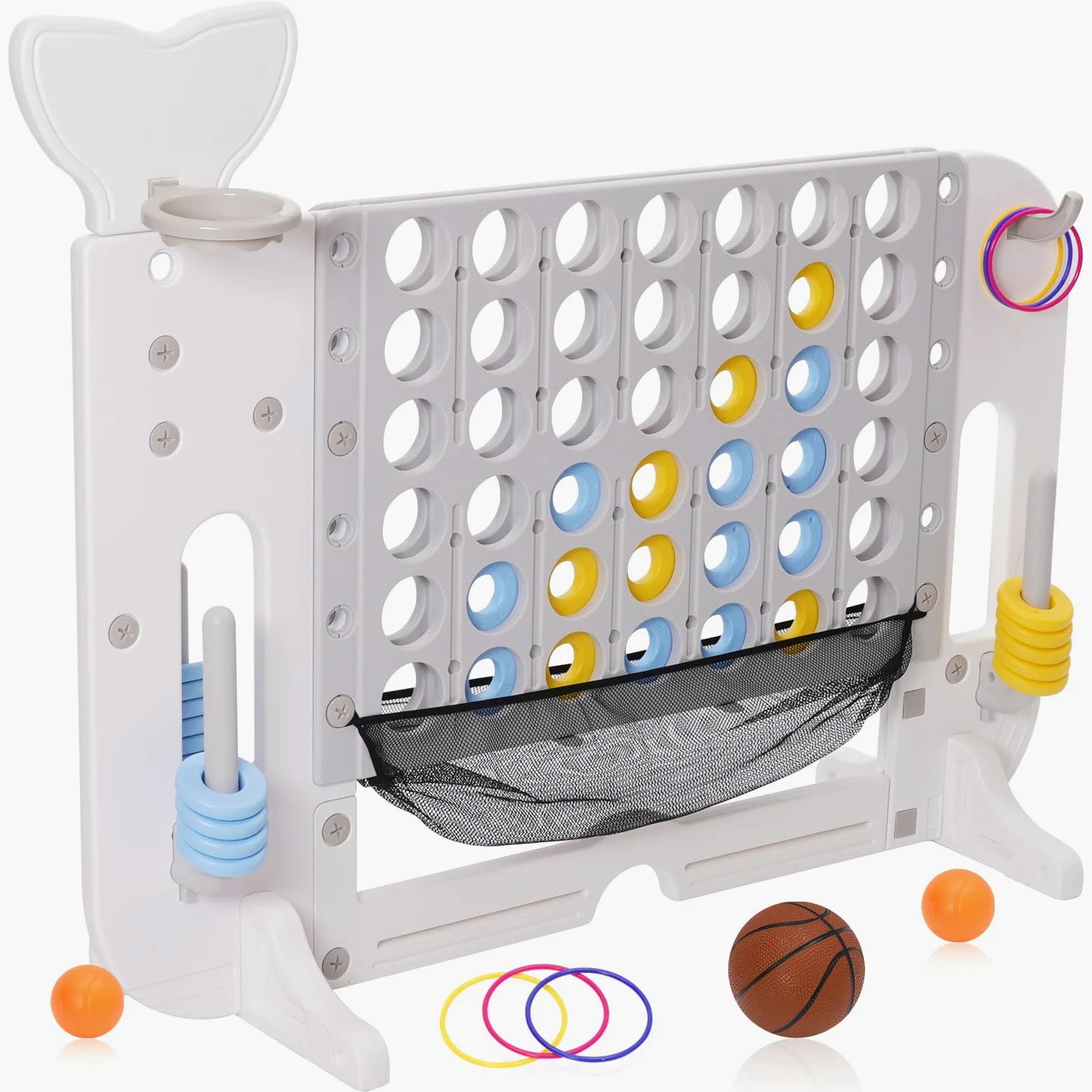 4 en 1Jeux Puissance 4 Géant Réglable Hauteur avec 42 Anneaux Géants 1 Filet,Jeu de Stratégie avec Porte-Anneaux et Levier de Réinitialisation,Jeu de Société pour Enfants et Adultes