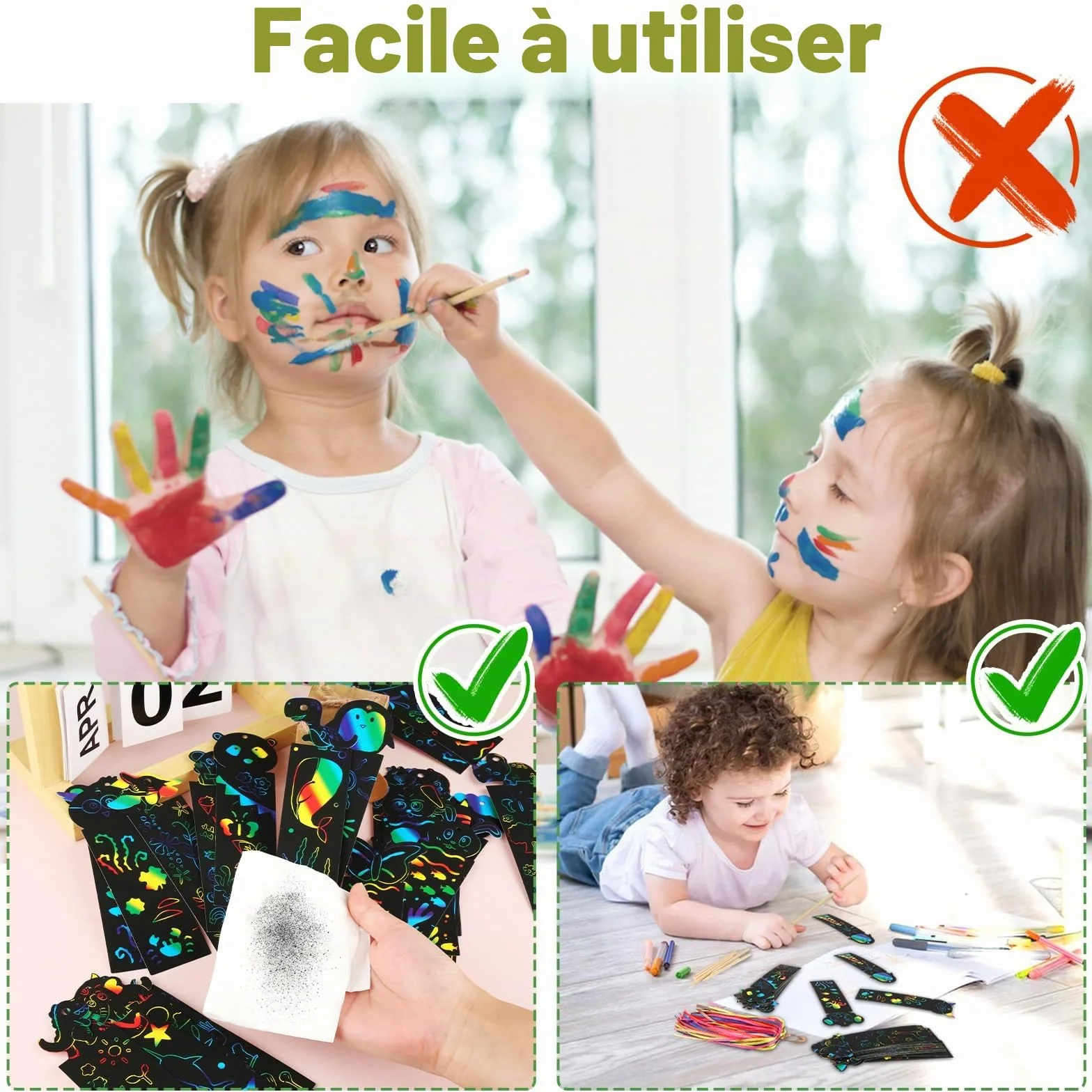 Lot de 48 Images à gratter pour Enfants avec Marque-Pages d'animaux, Stylos en Bois et Rubans - Papier à gratter créatif