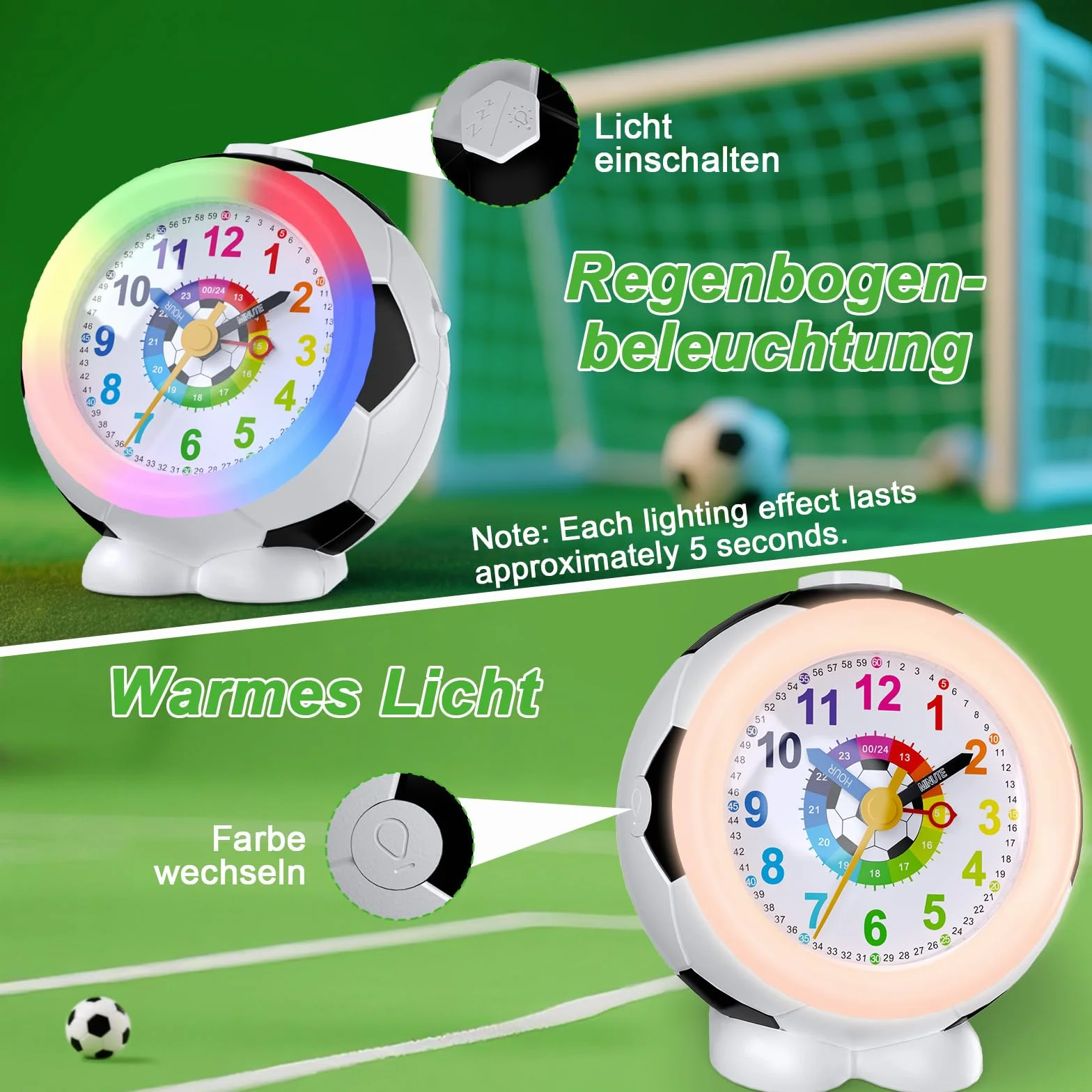 Réveil Enfant Football Garçon Fille Horloge Pédagogique Analogique Silencieux sans Tic-Tac avec Veilleuse Snooze Antidérapant Idée Cadeau Éducatif 5-12 Ans