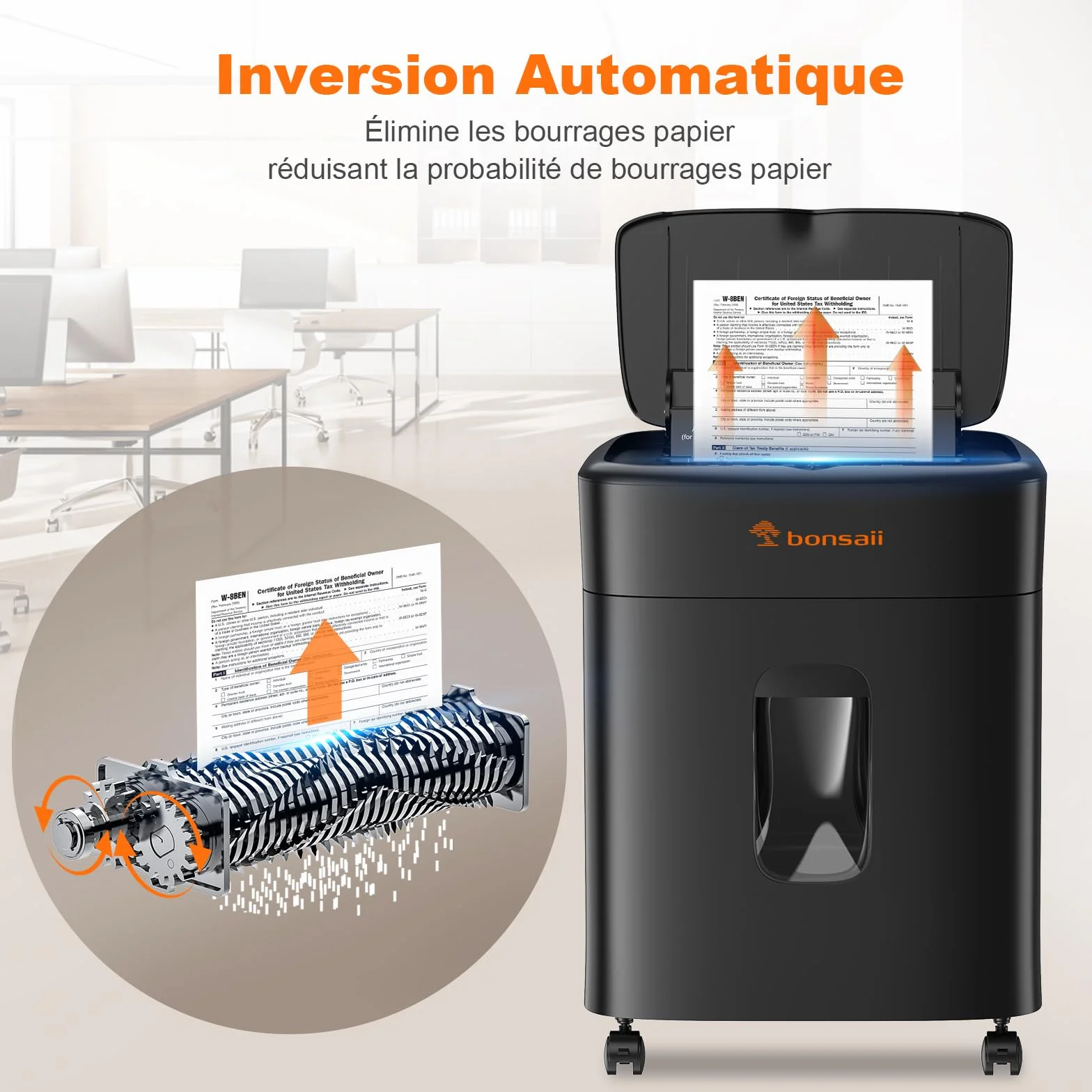 Bonsaii Destructeur de Documents Coupe Micro-particulaire P4, Alimentation Automatique 100 Feuilles, 30 Min Continu, 16L, C231-D