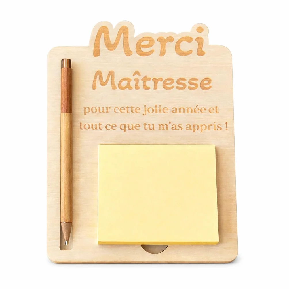 Support Post-it Personnalisé en Bois avec Stylo – Cadeau Maîtresse Fin d’Année Scolaire – Support Bureau avec Bloc de Post-it
