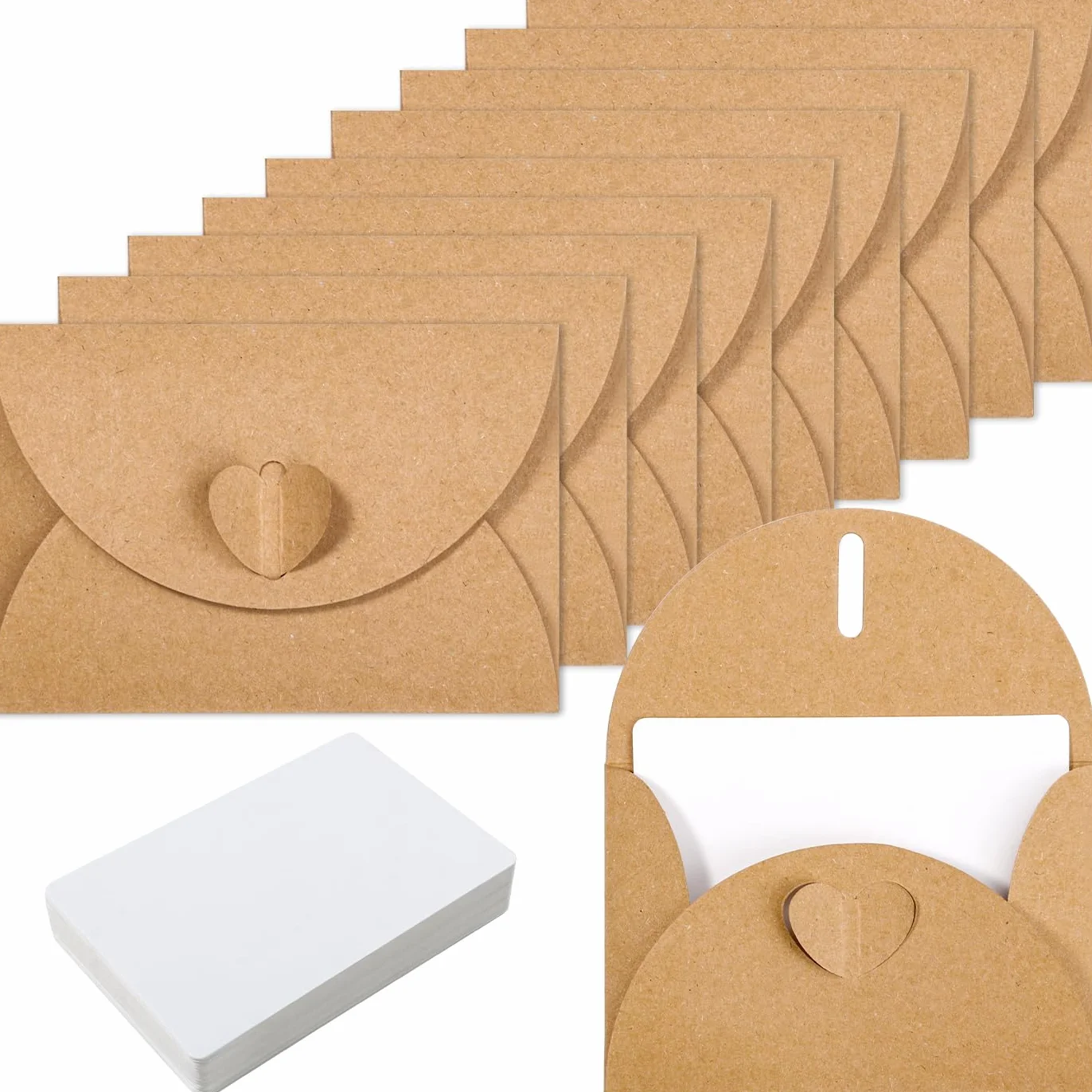 Enveloppes en papier kraft vintage avec fermeture cœur - Lot de 50 avec cartes vierges pour mariage, remerciement