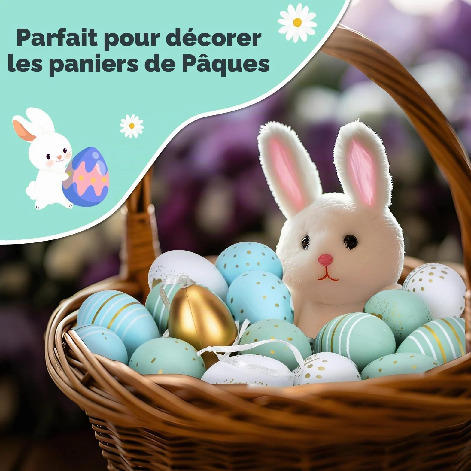 Œufs de Pâques en plastique 6 cm x 4 cm Lot de 24, or bleu clair vert clair blanc 7 designs