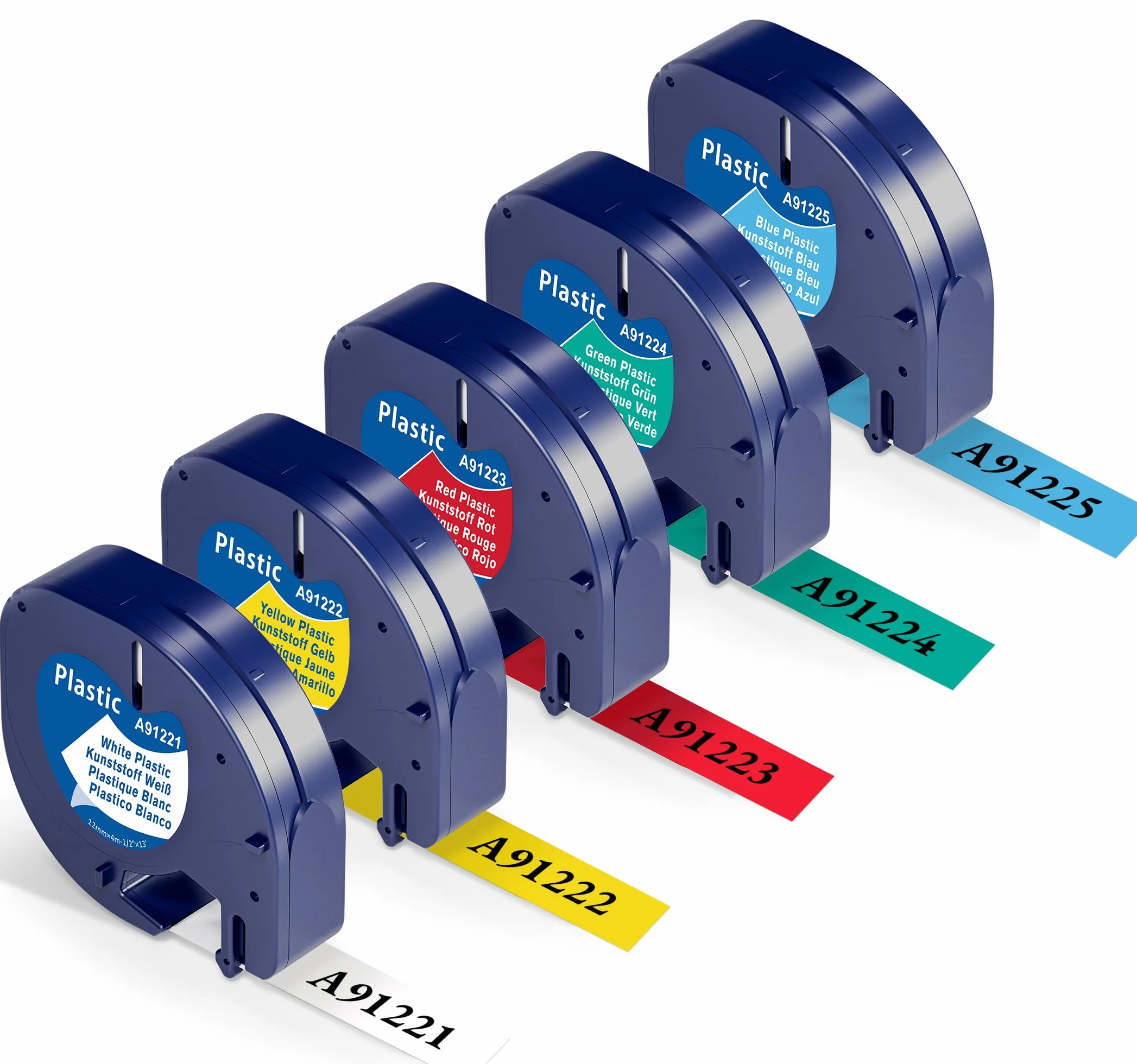 Wonfoucs Ruban Compatible Dymo LetraTag 12mm x 4m, Etiquette 91201 91202 91203 91204 91205, Noir sur Blanc/Rouge/Jaune/Bleu/Vert