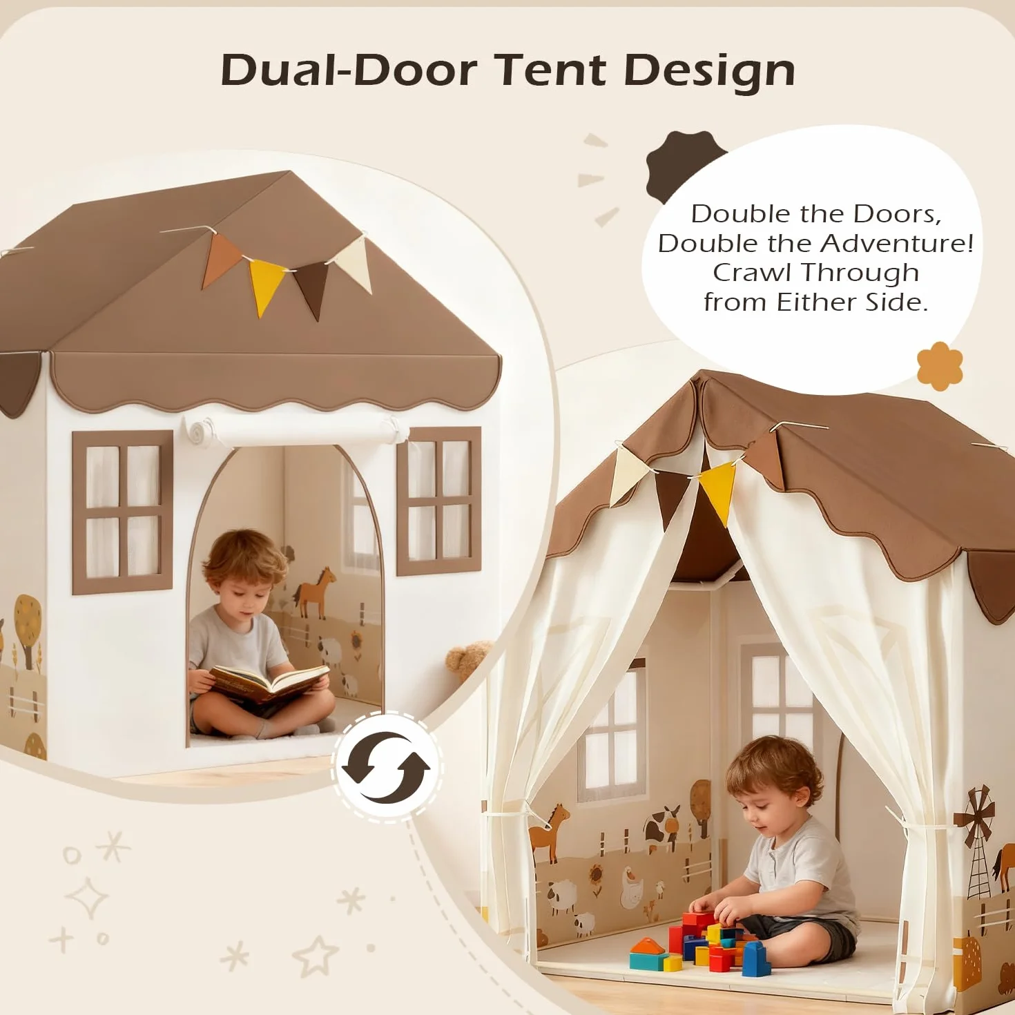 EagleStone Tente de Jeu pour Enfants avec Guirlandes et Tapis Moelleux, Intérieur, Cabane Lit-Tente, Coin Douillet, Beige