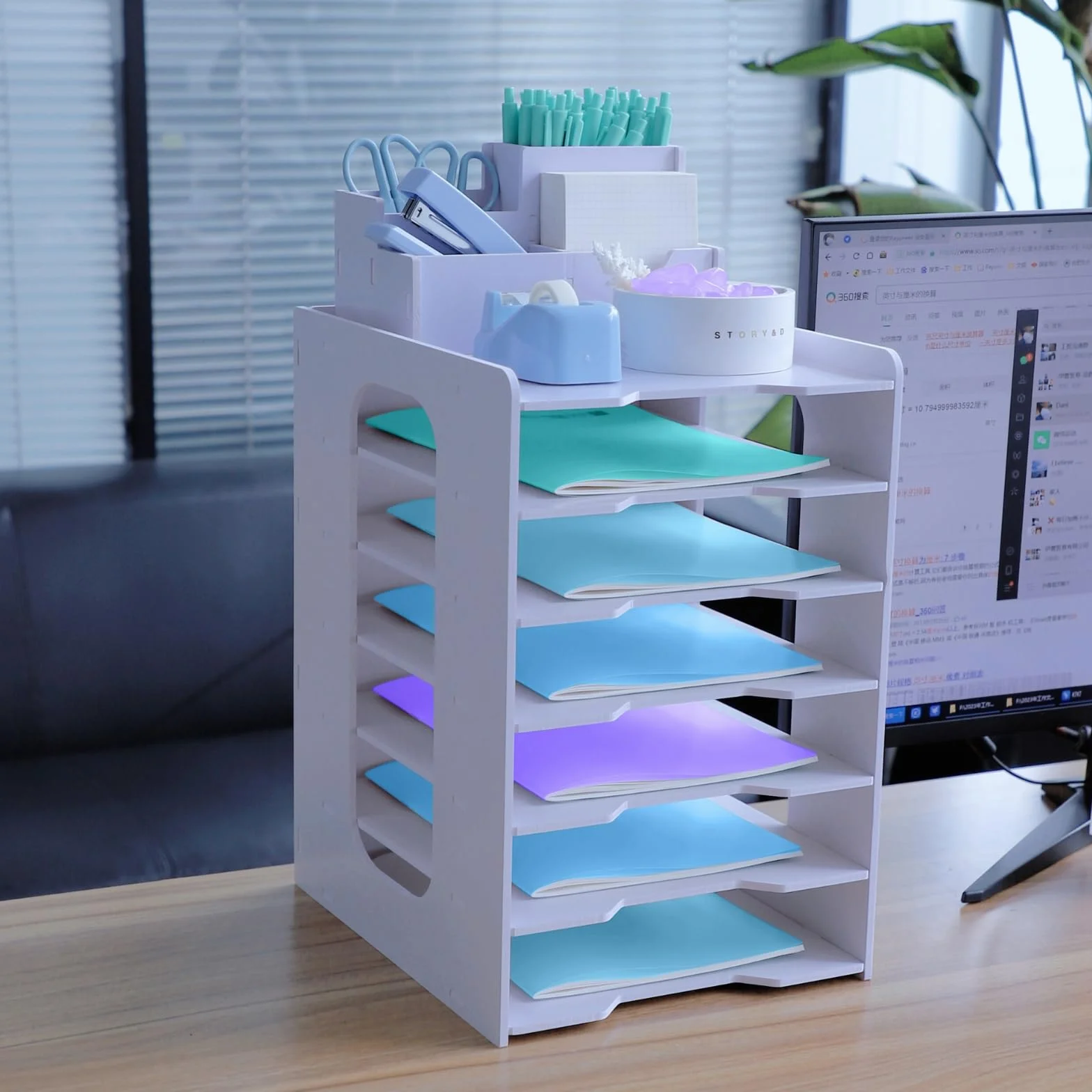 Bac à Courrier Empilable 7 Niveaux, Organisateur de Bureau A4 Bois Plastique Blanc