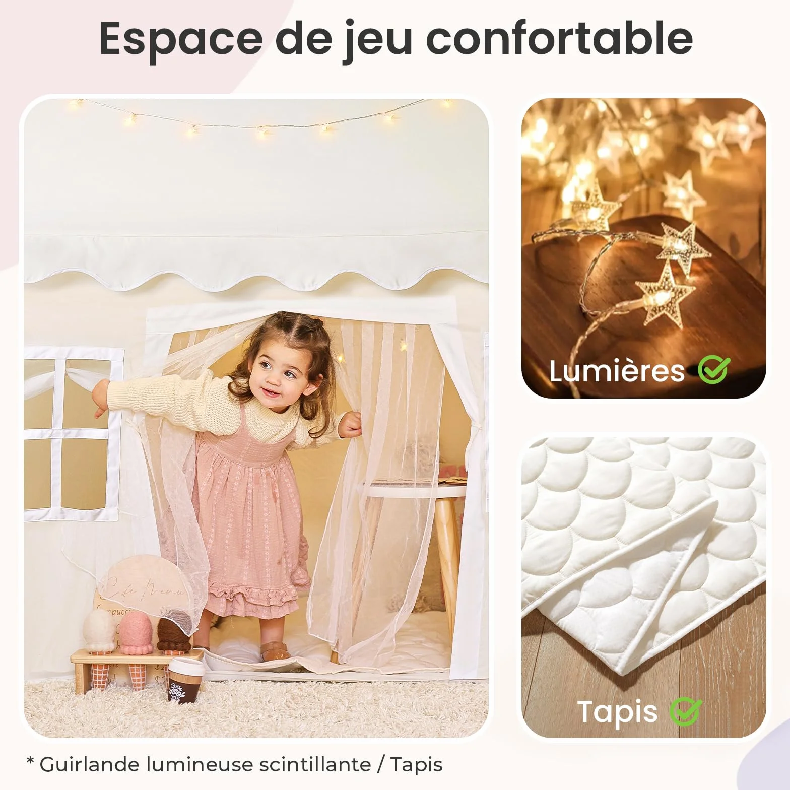 Tiny Land Tente de Jeu pour Enfants avec Tapis et Lumières de Chaîne 4m, Cabane Enfant Intérieur Extérieur, Château Princesse 133x90x136 cm