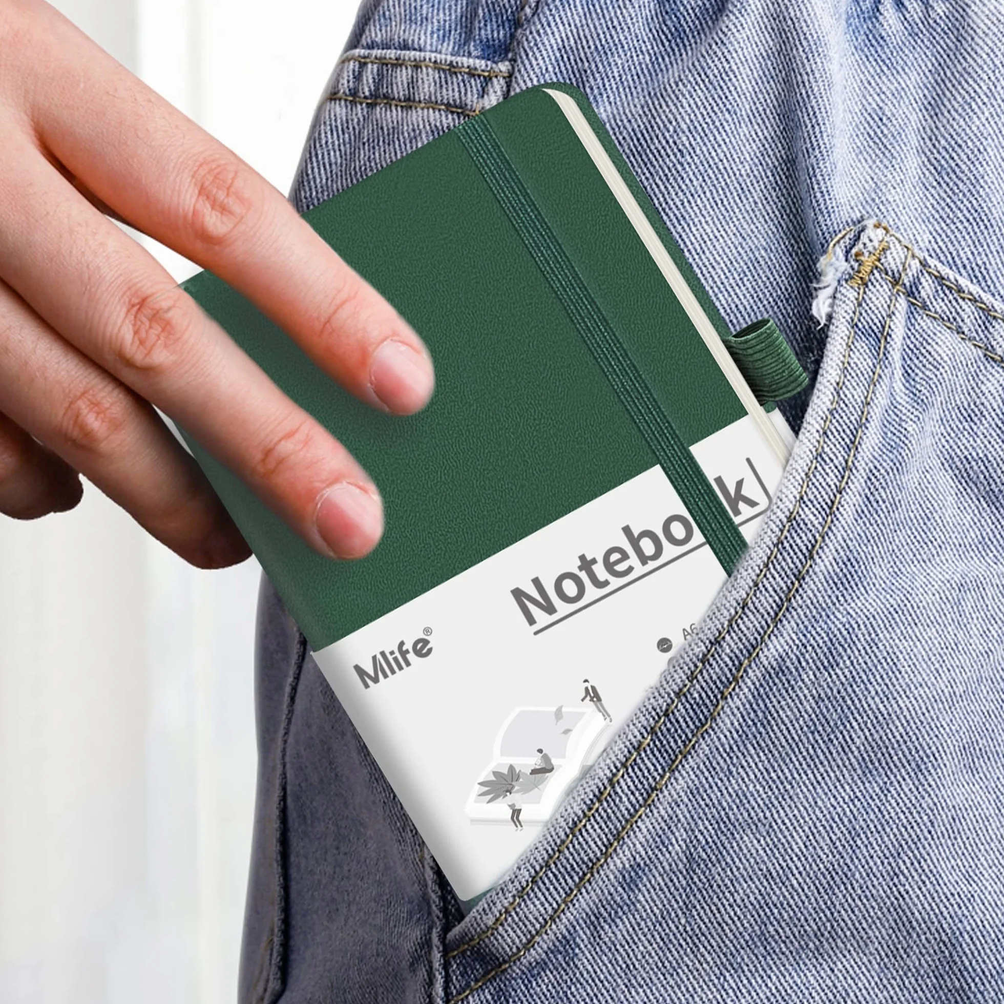 Mlife Carnet de notes A6 192 pages Couverture rigide Bande élastique Pochette pliable Vert