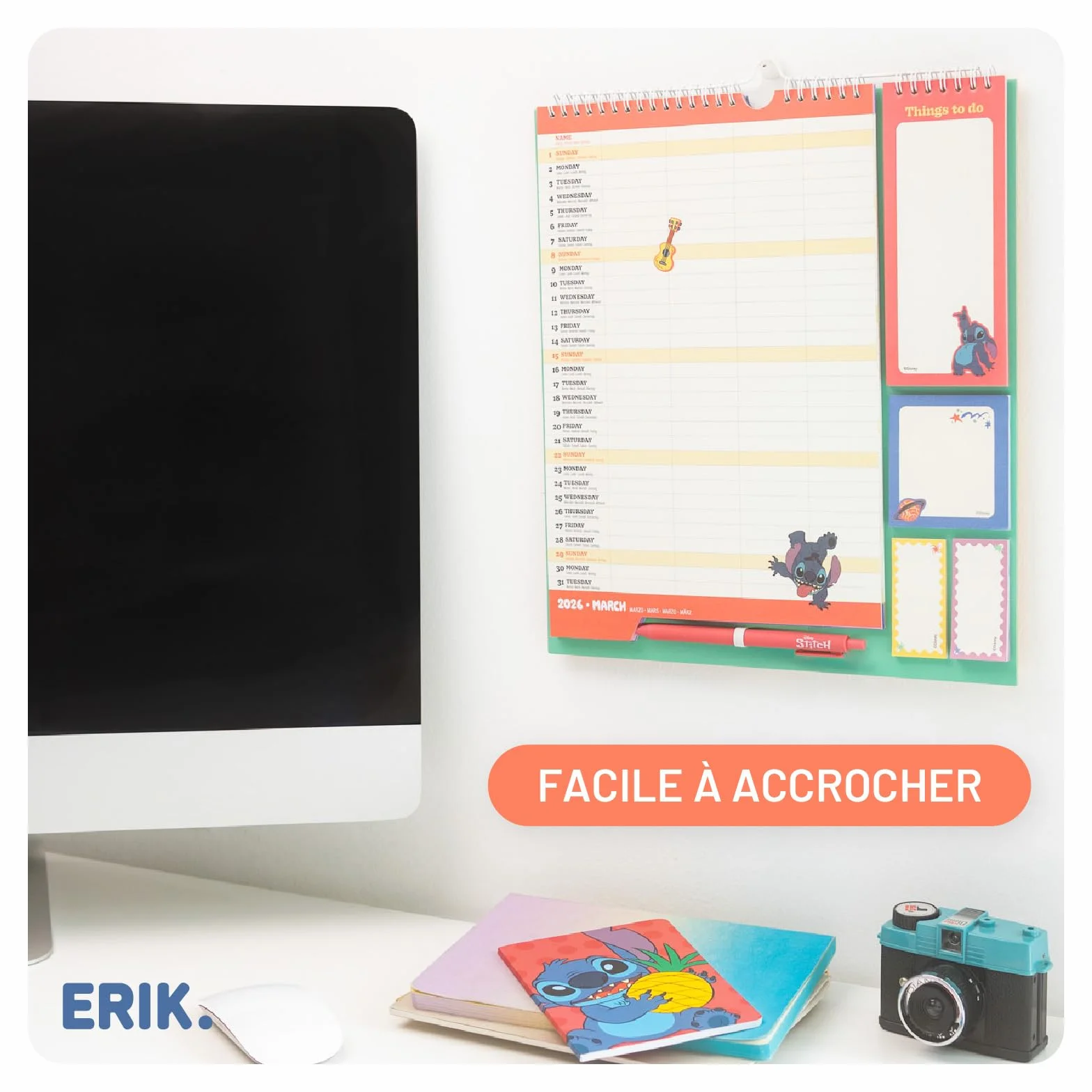 Grupo Erik Calendrier Disney Stitch 16 mois Septembre 2025 à Décembre 2026 Planificateur Mensuel Familial avec Crochet