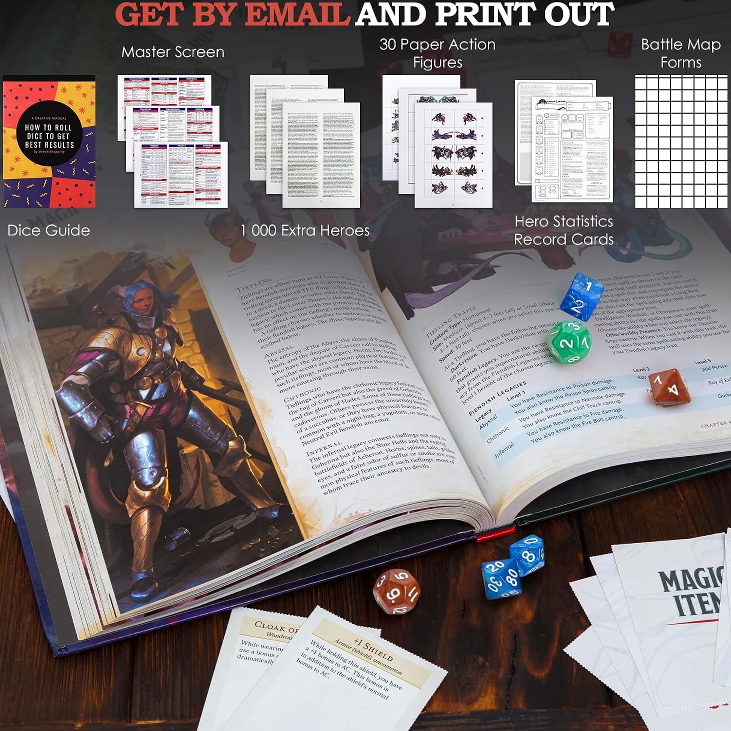 Donjons et Dragons Boîte d’initiation, kit de démarrage jeu de société DND 5e édition pour débutant avec 6 jeux de dés, sacs en flanelle, figurines, héros, écran maître, contenu imprimable