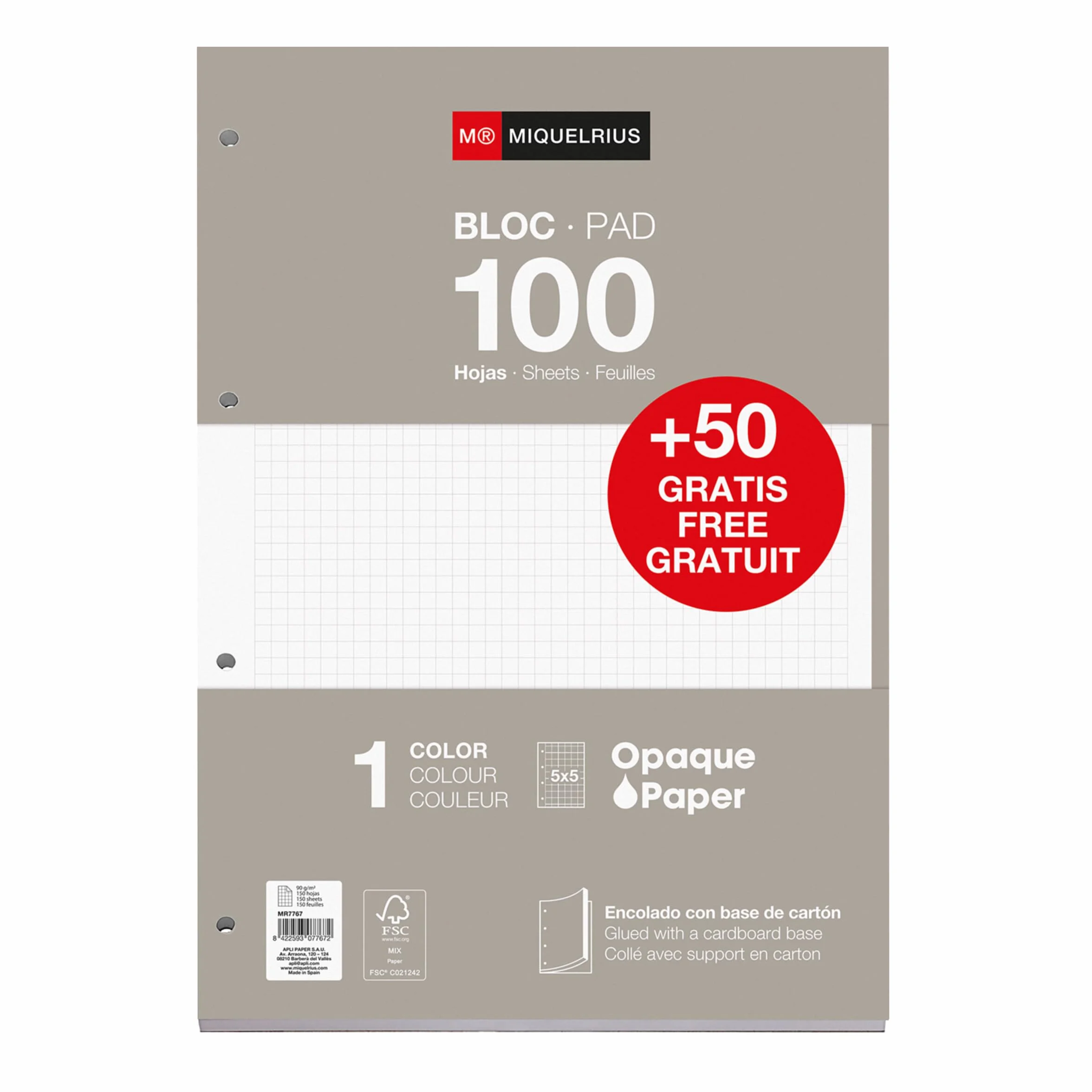 Miquelrius Recharge de feuilles A4 quadrillées 5x5 mm, 150 feuilles 90 g/m², gris