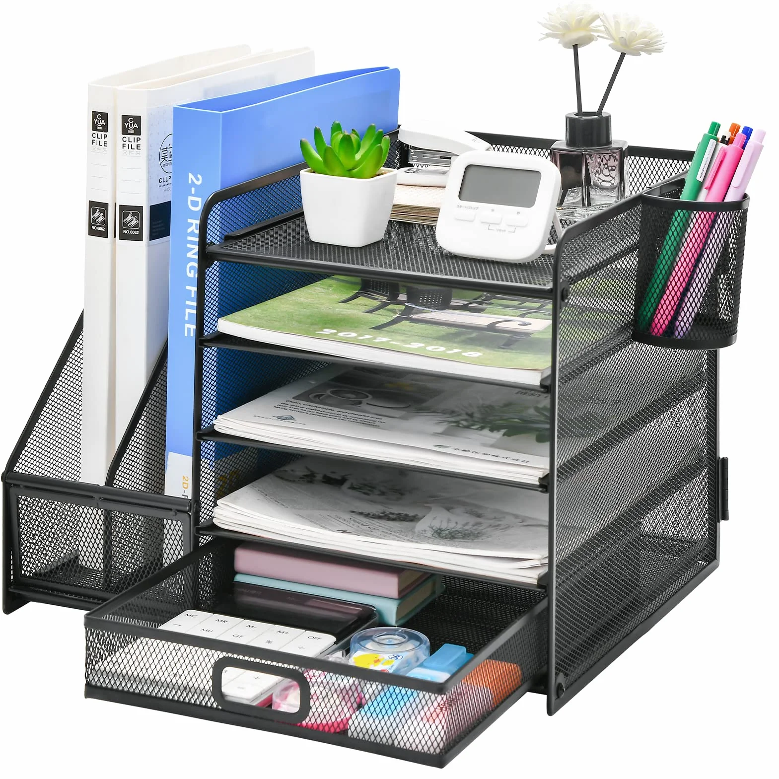 Marbrasse Organisateur de Bureau 5-Niveaux Porte-Lettres Rangement Maille Noir avec Tiroir Porte-Stylos