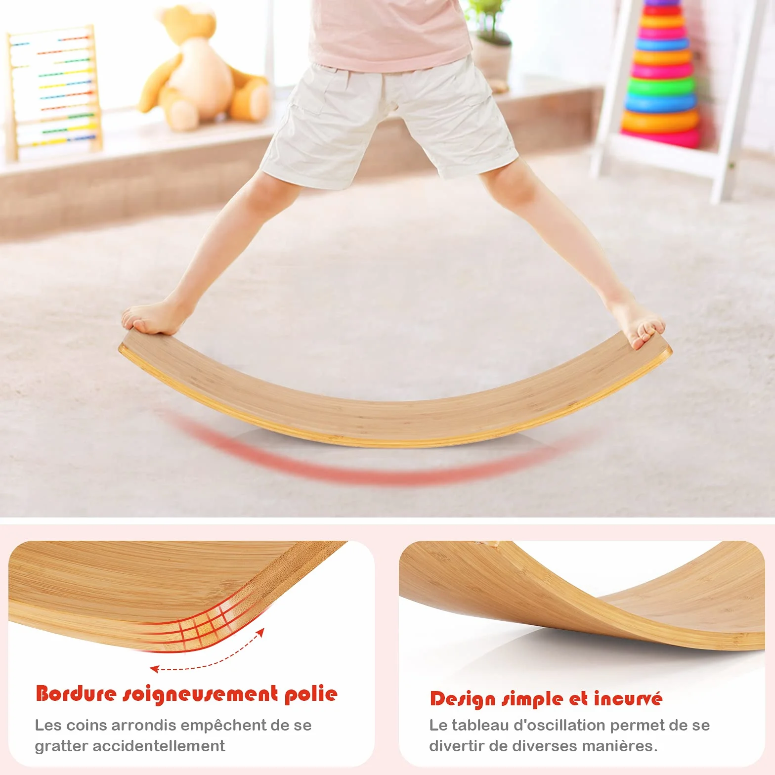 COSTWAY 6 en 1 Planche d'Équilibre Enfant en Bois, Balance Board Incurvé, Charge 150kg, 90,5 x 29,5cm