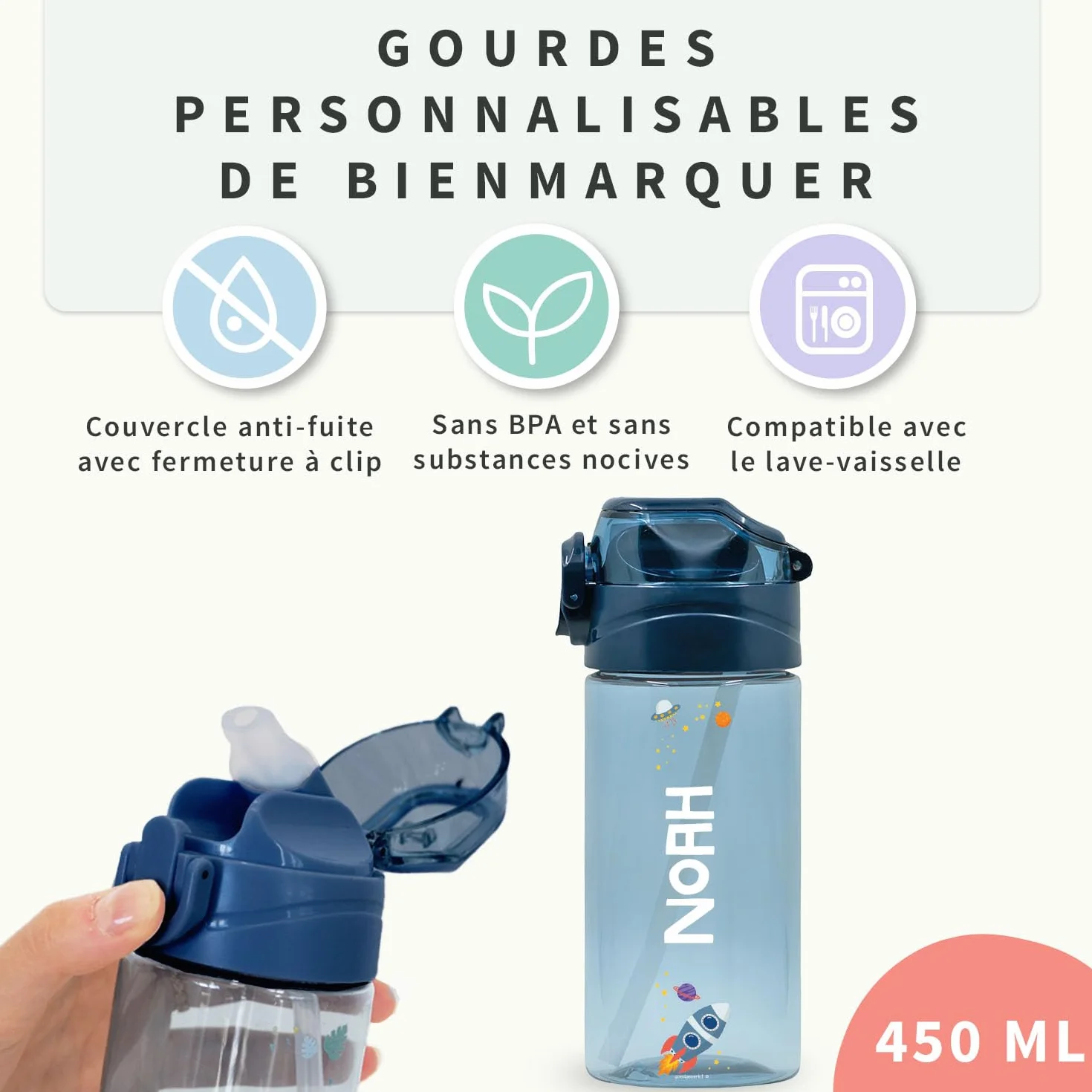 BIENMARQUER Gourde Personnalisable Enfant 450mL Bleu Clair Anti-Fuite