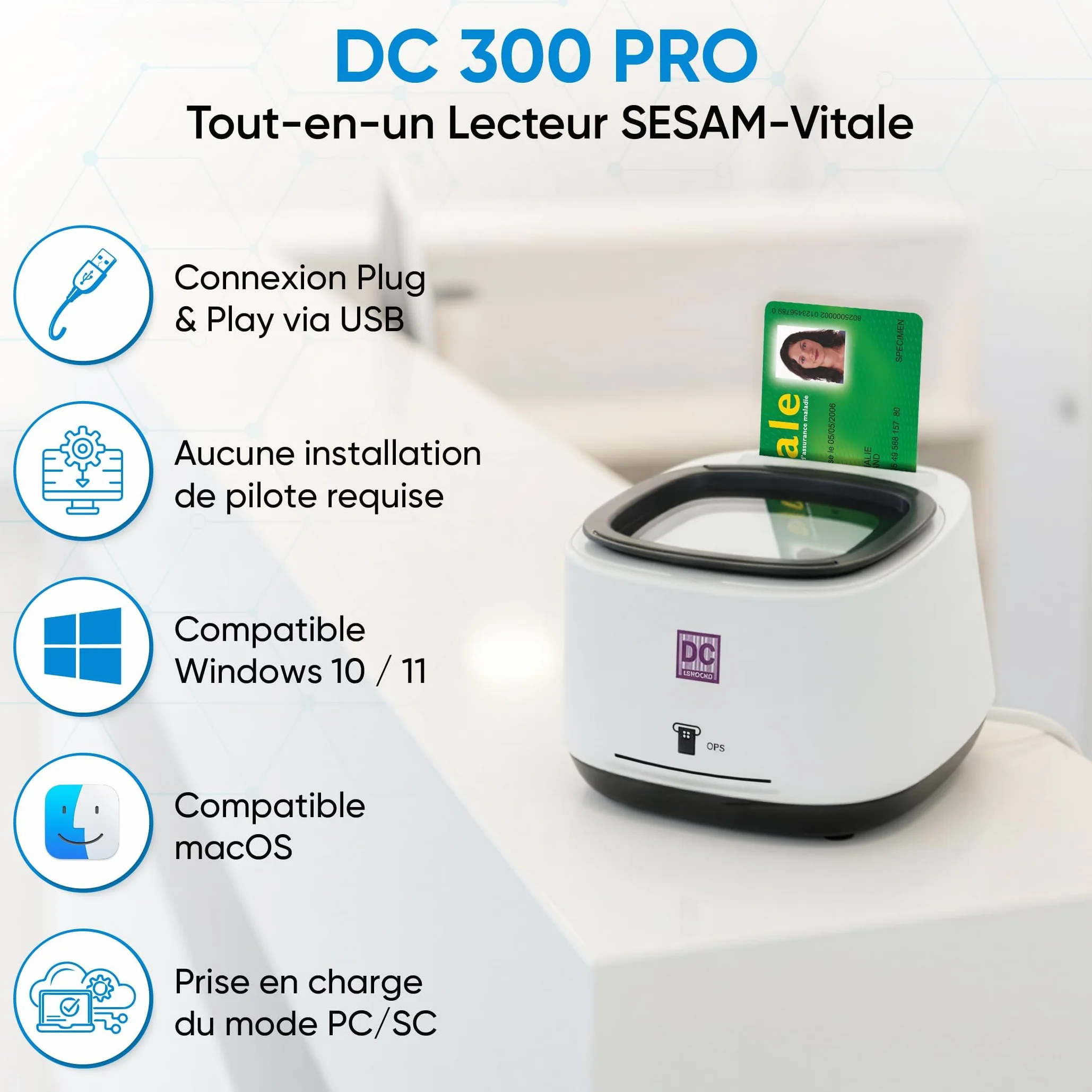 DC300 Pro Lecteur 4 en 1 QRCODE NFC 2 Fentes Carte Vitale et CPS Sesam Vitale USB Windows