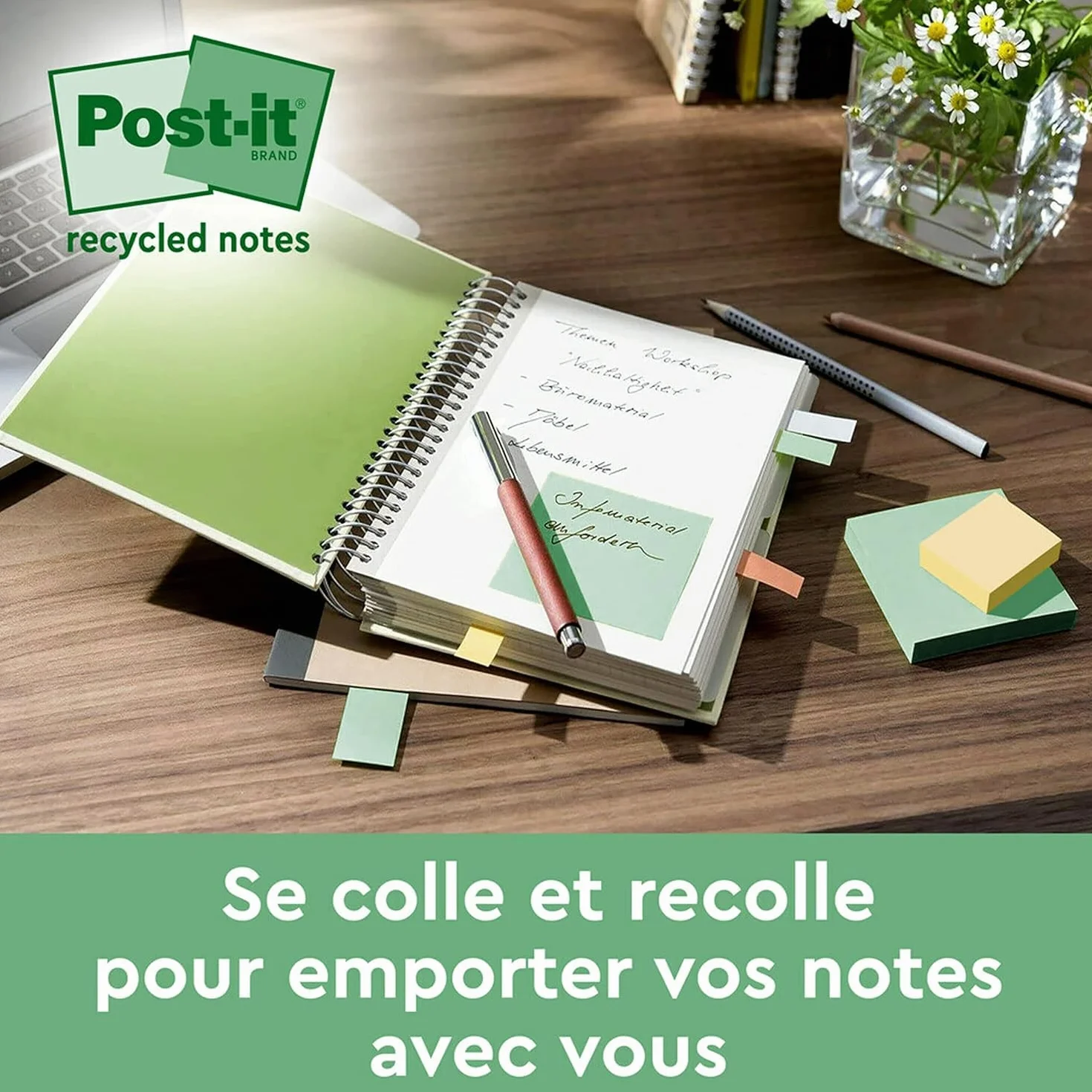 Post-it Notes Autocollantes Super Sticky Recyclés 12 Blocs 70 Feuilles 47.6 mm x 47.6 mm Papier 100% Recyclé