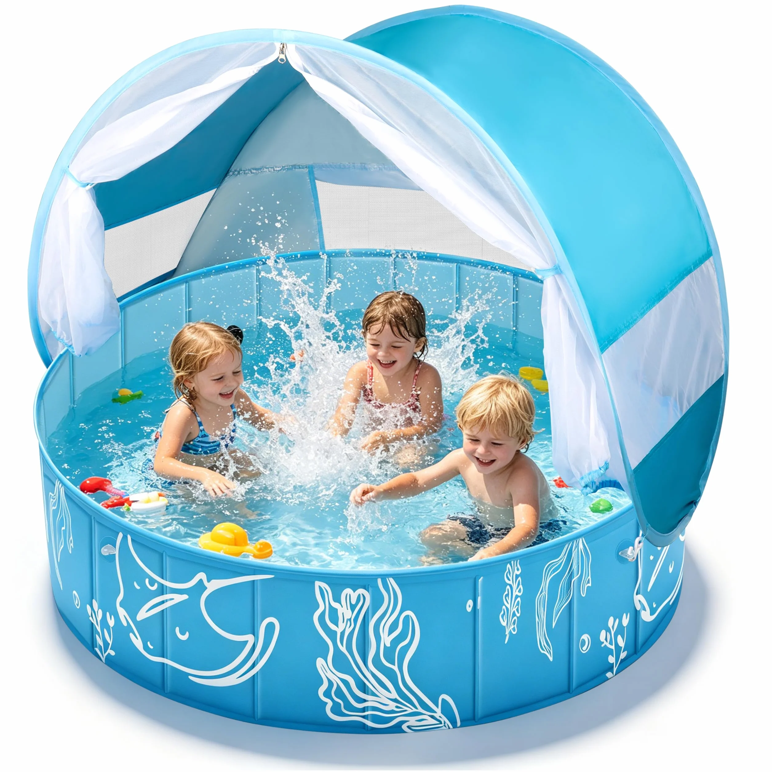 Piscine Bébé 4 en 1 120×30 cm Anti UV SPF50+ avec Auvent Pliable Tente de Plage Pour Jardin
