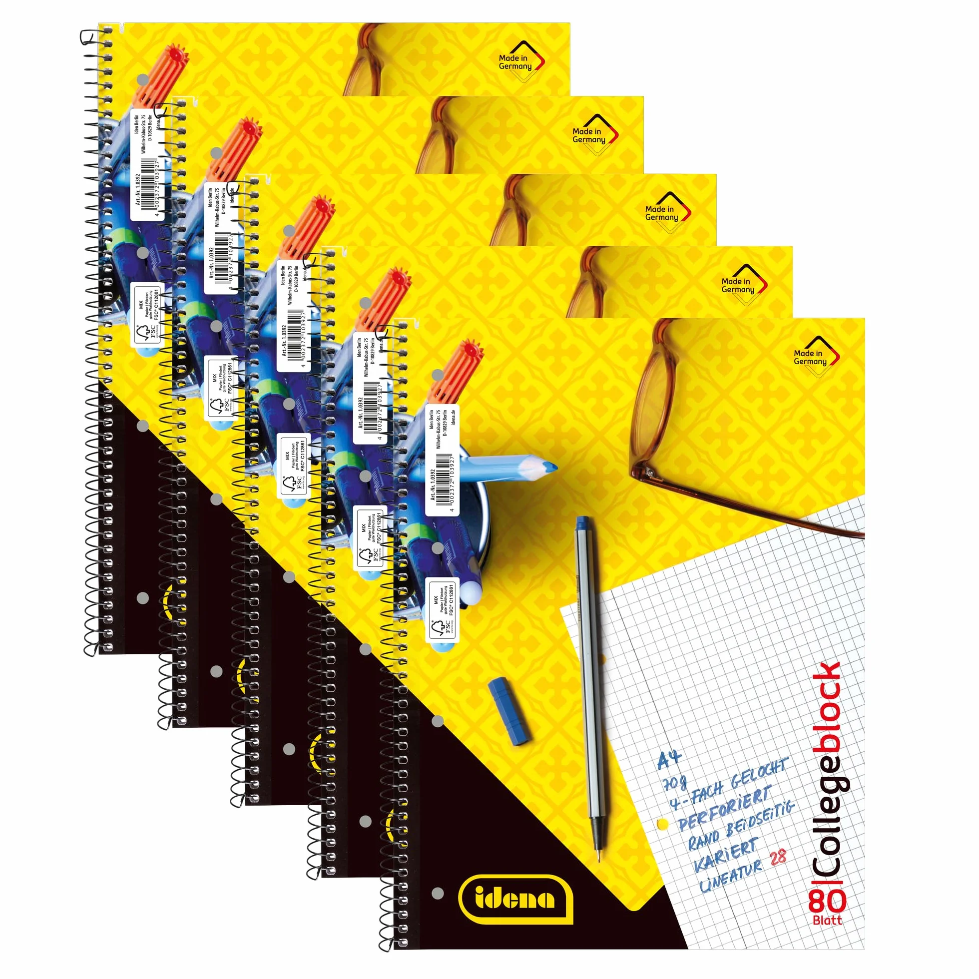Idena Collegeblock A4 80 feuilles quadrillées double marge, bloc spirale 70g/m² 4 trous perforé