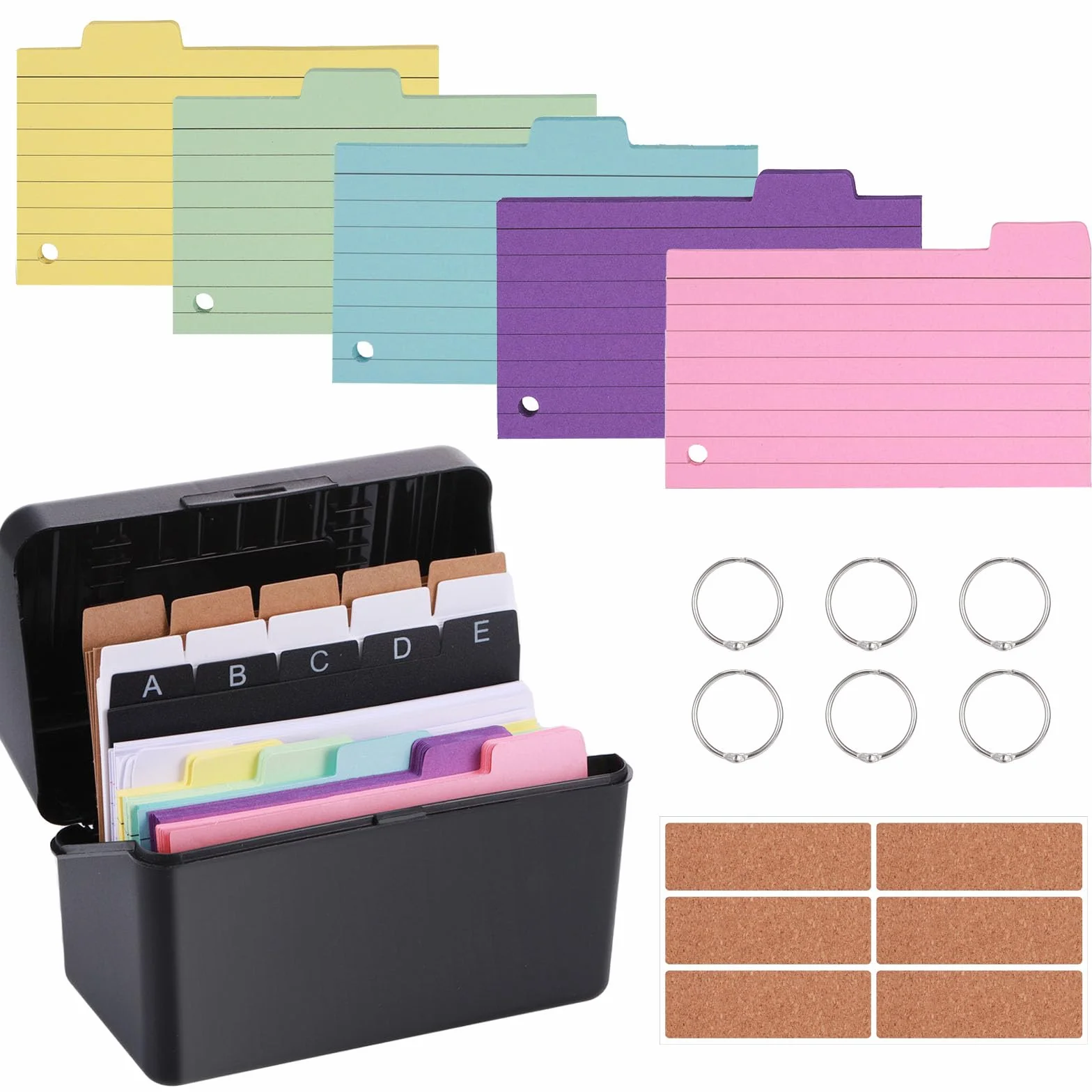 JIANTA Boîte d'index Fiche Bristol Couleur Lignées avec 255 Cartes, 15 Index Cards, 6 Anneaux