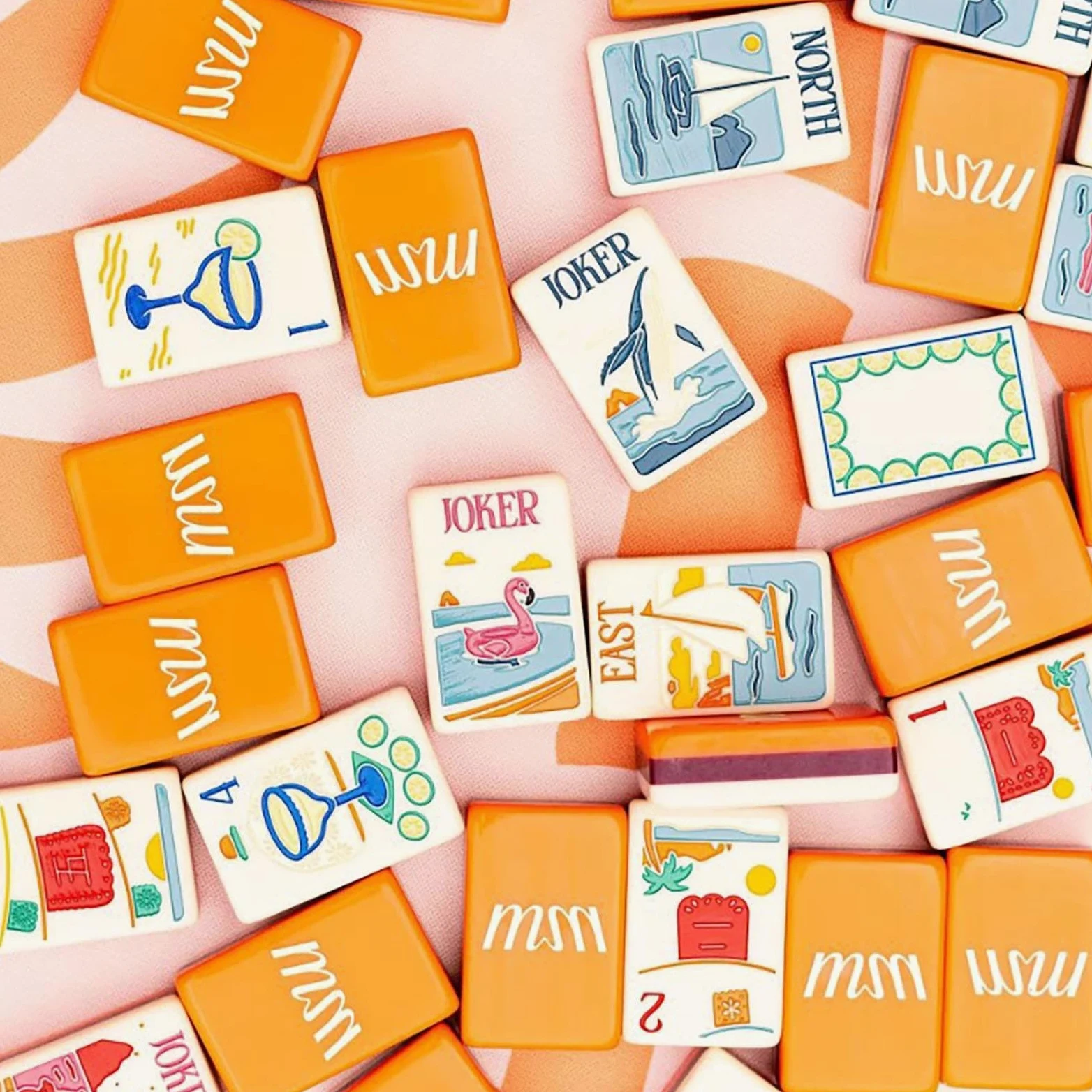 Ensemble de Mahjong américain, tuiles Tropicales numérotées avec Supports | Ensemble de Mahjong en acrylique, 1,5x1x0,5 en jeu de fête