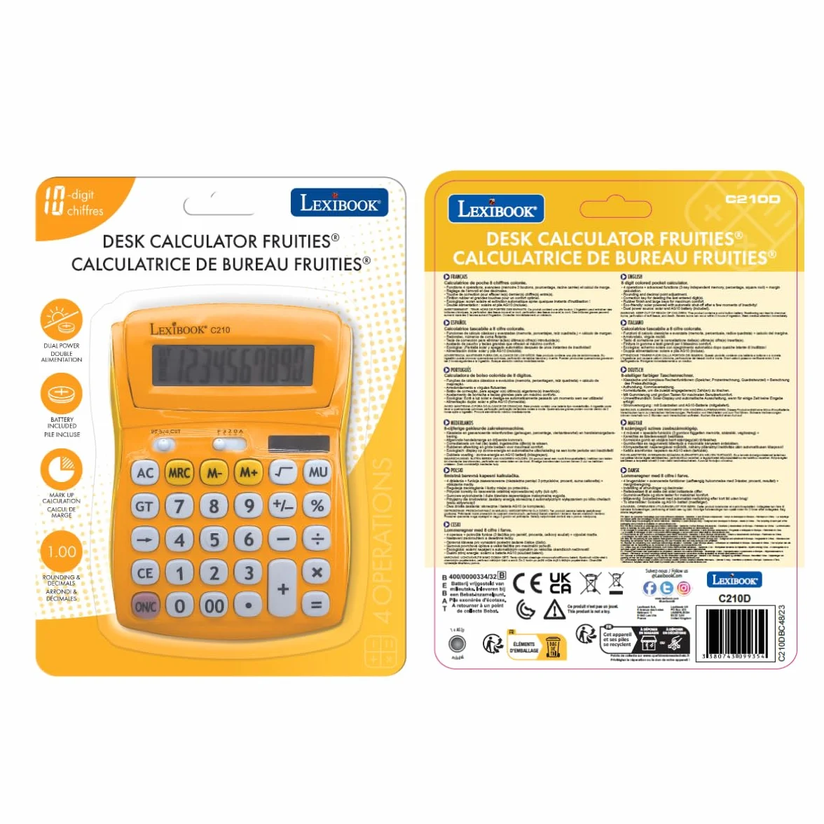 Lexibook Calculatrice de Bureau FRUITIES 10 Chiffres Écran Inclinable Solaire et Piles Jaune C210D