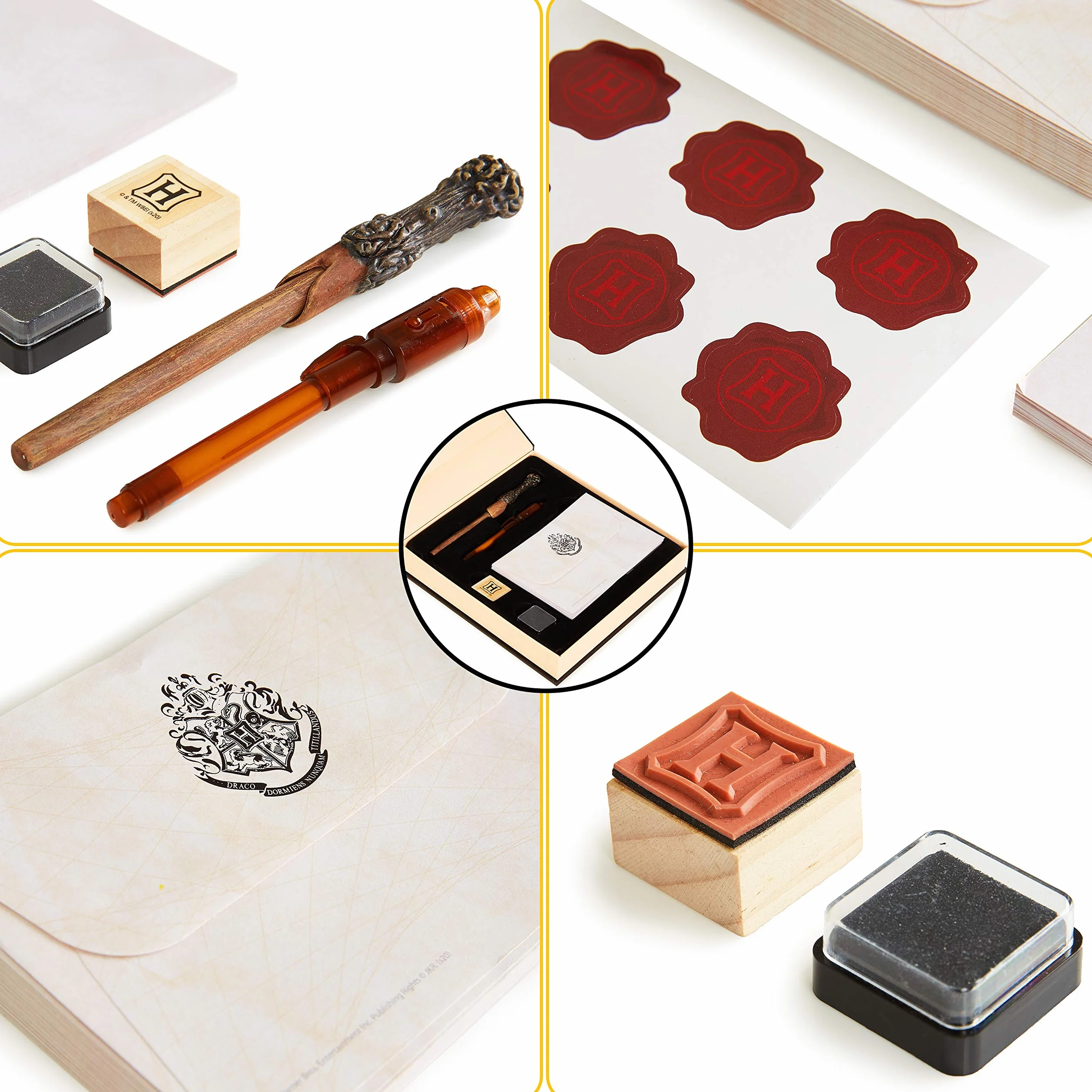 Harry Potter Coffret Papier à Lettre Poudlard Stylo Baguette Magique Bloc Note Enveloppes Stickers Sceau Tampon