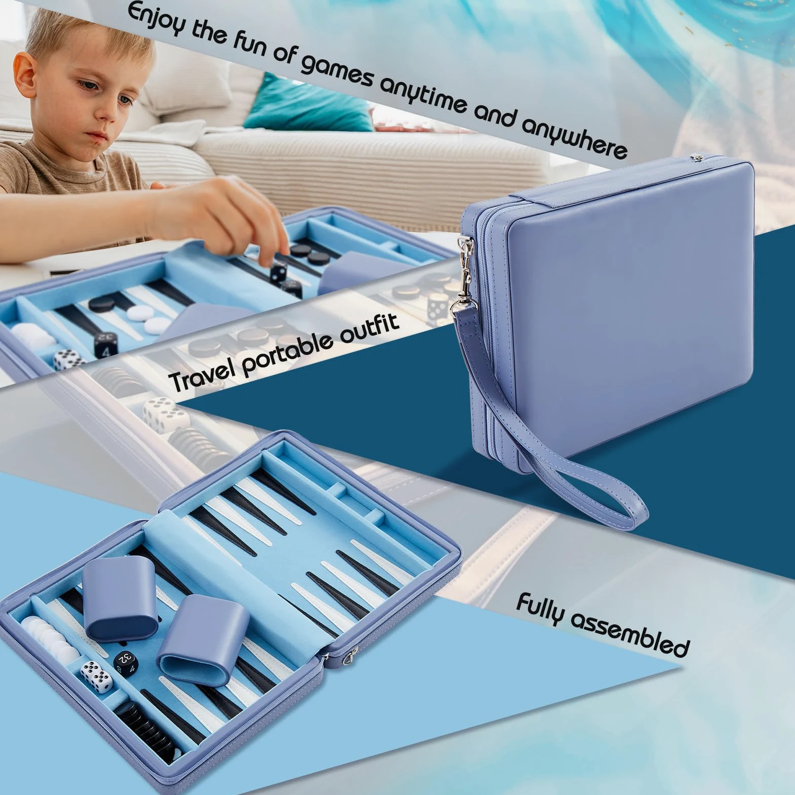Jerify Jeu de backgammon de voyage pour adultes - Étui portable en similicuir - Puces magnétiques - Jeu de stratégie classique pour les familles - Avion - Camping - Randonnée (bleu)