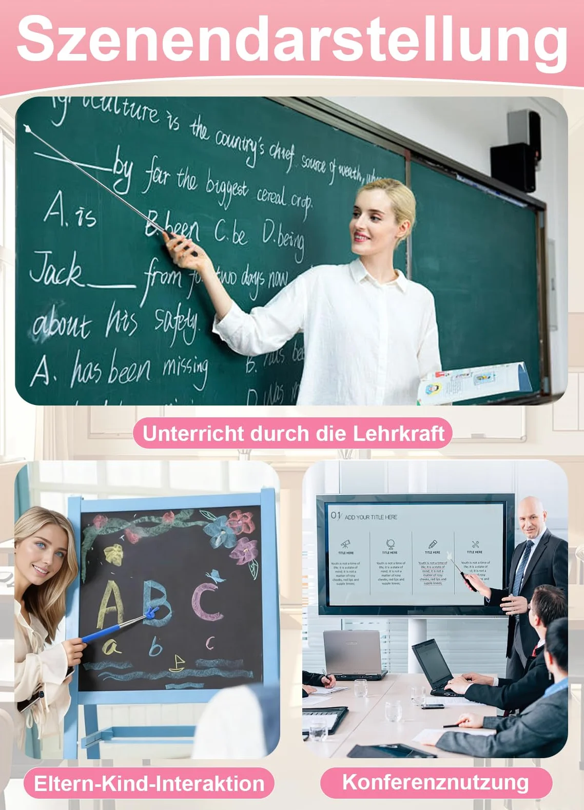 Pointeur télescopique 4 pièces, bâton pointeur pour doigt, besoins des enseignants, interaction en classe